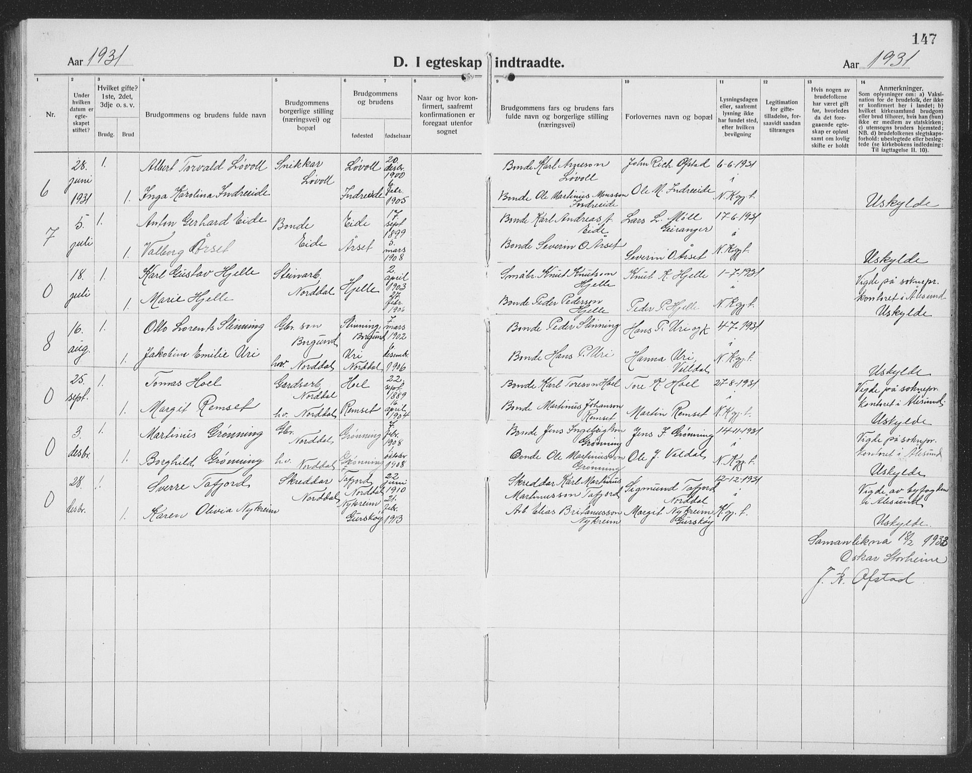 Ministerialprotokoller, klokkerbøker og fødselsregistre - Møre og Romsdal, AV/SAT-A-1454/519/L0266: Parish register (copy) no. 519C07, 1921-1939, p. 147