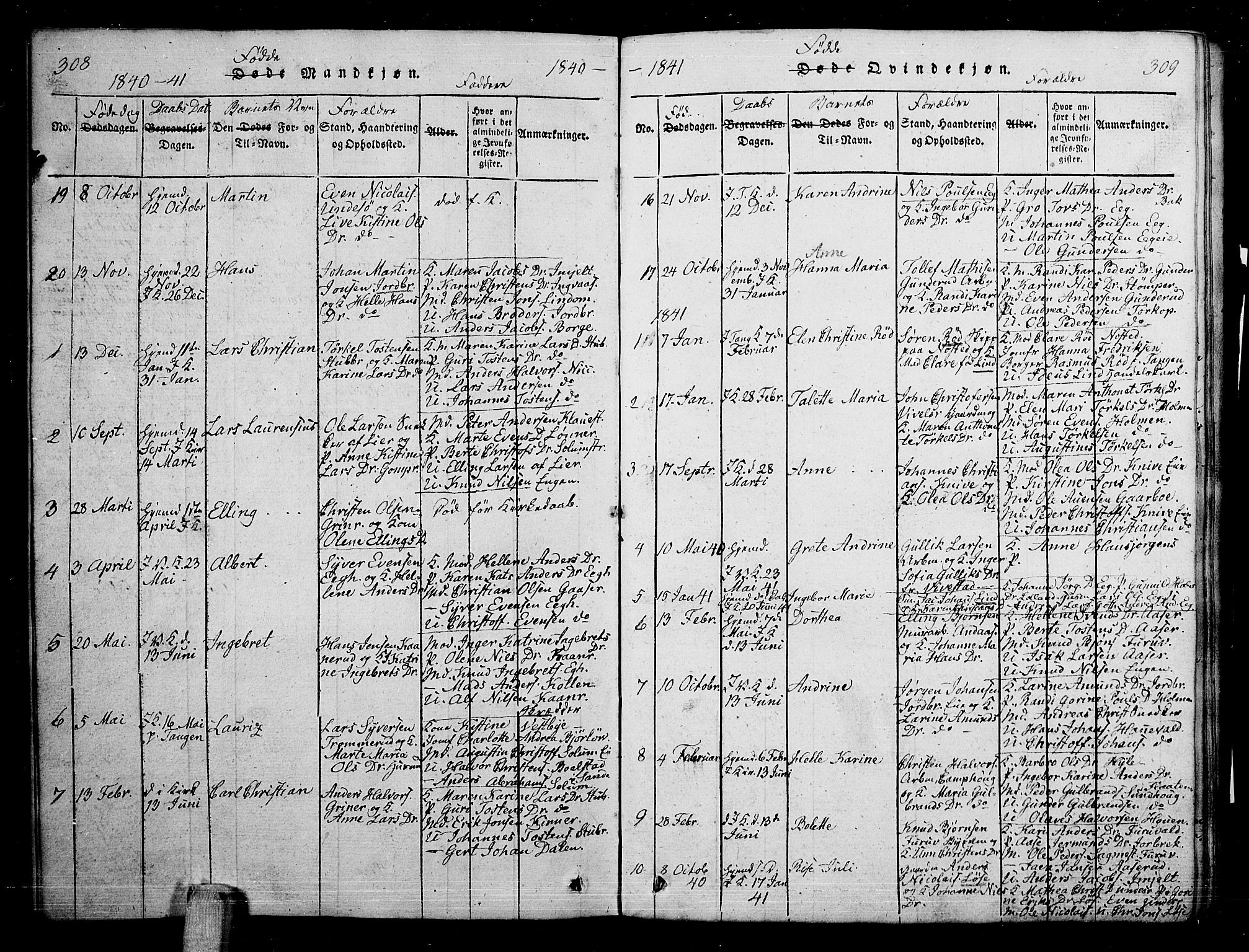 Skoger kirkebøker, SAKO/A-59/G/Ga/L0001: Parish register (copy) no. I 1, 1814-1845, p. 308-309