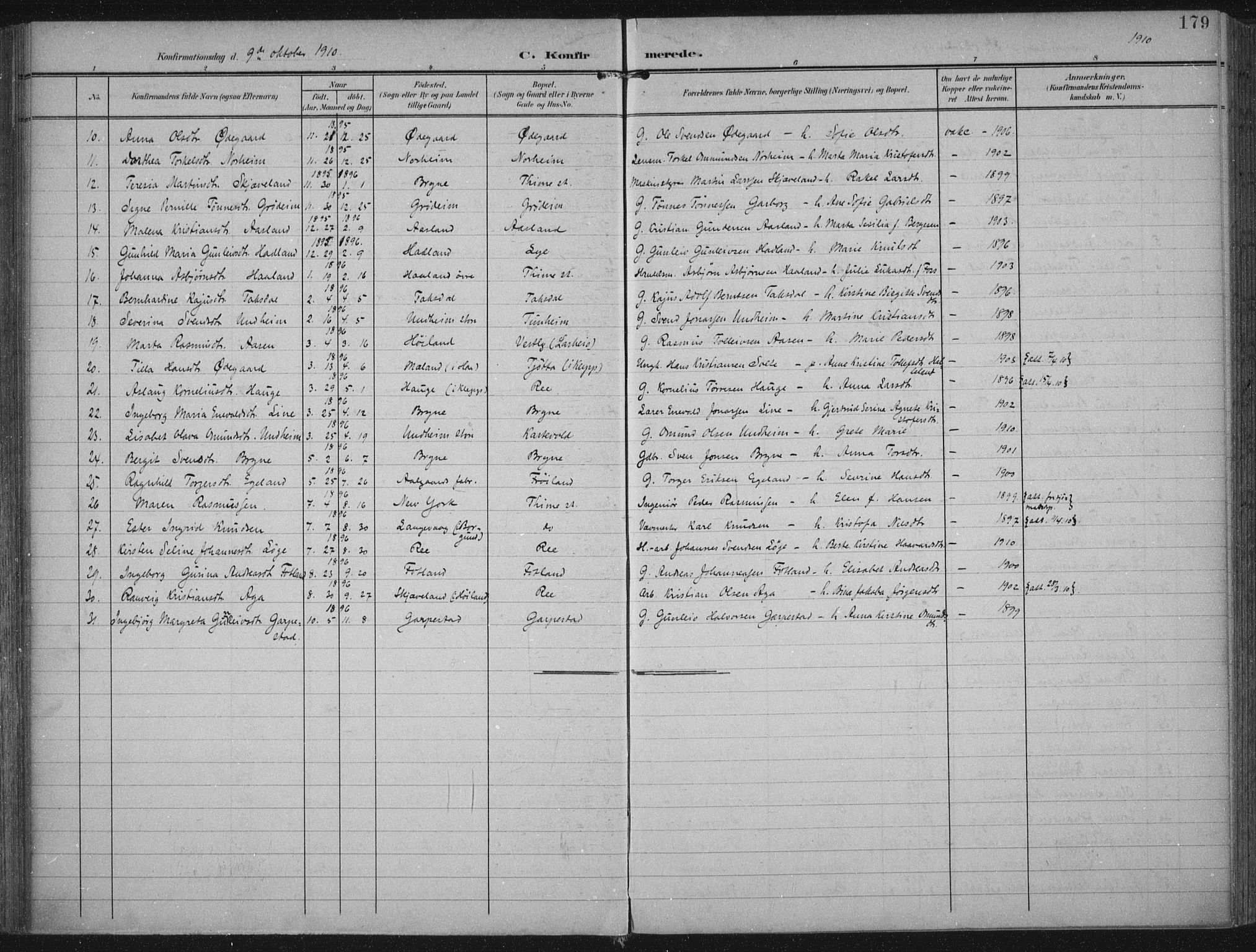 Lye sokneprestkontor, AV/SAST-A-101794/002/A/L0001: Parish register (official) no. A 12, 1904-1920, p. 179