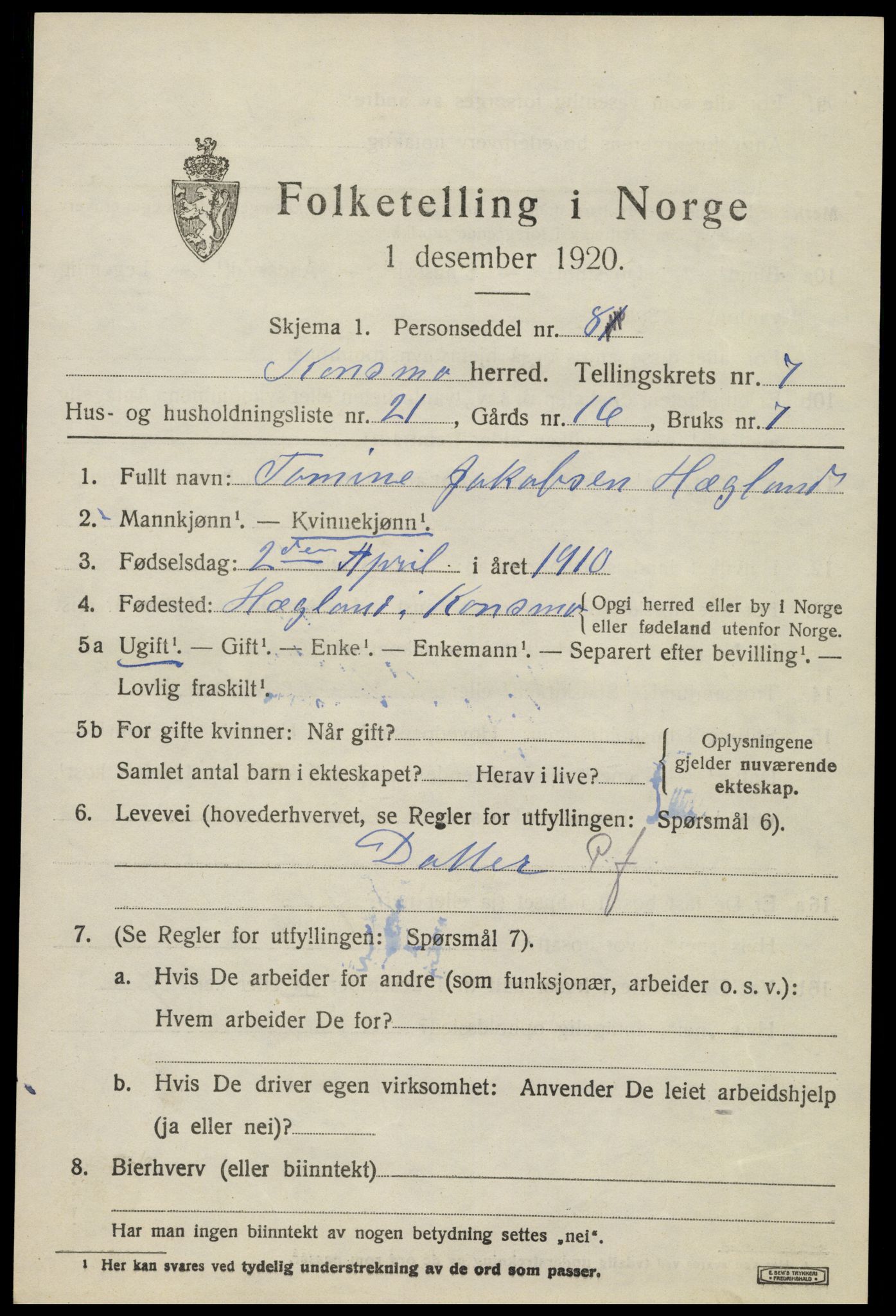 SAK, 1920 census for Konsmo, 1920, p. 1622