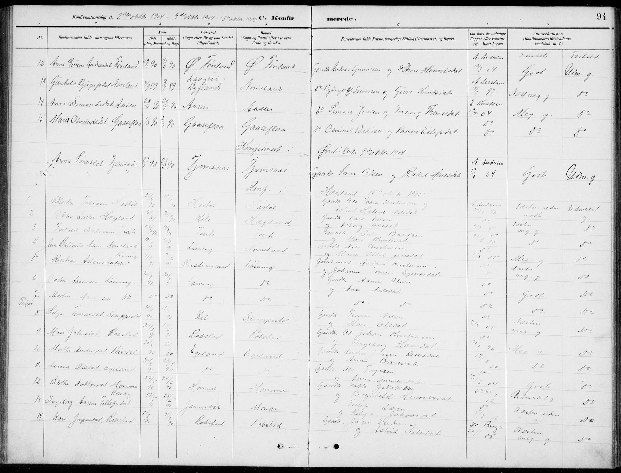 Vennesla sokneprestkontor, SAK/1111-0045/Fb/Fba/L0003: Parish register (copy) no. B 3, 1890-1919, p. 94