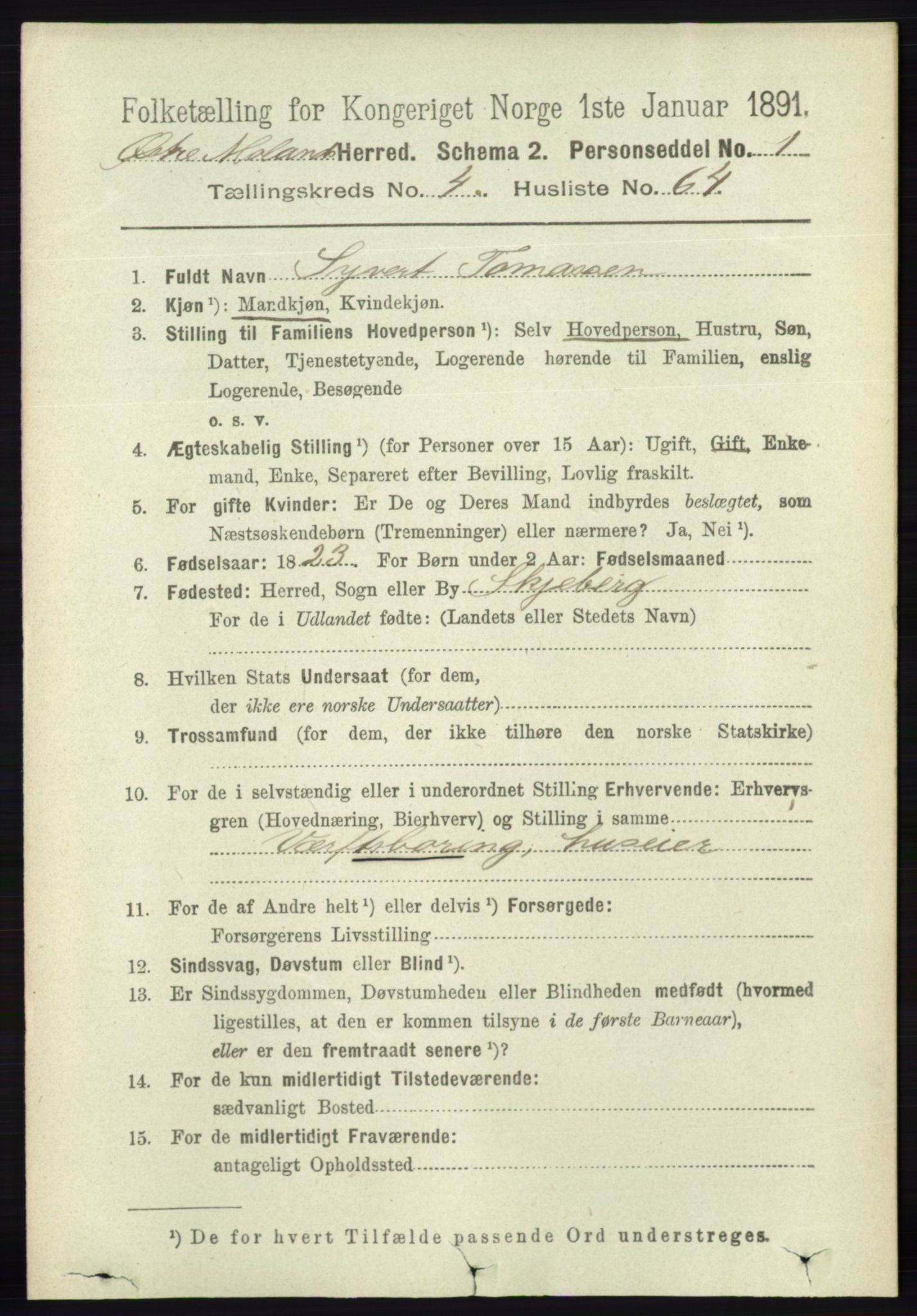 RA, 1891 census for 0918 Austre Moland, 1891, p. 2396