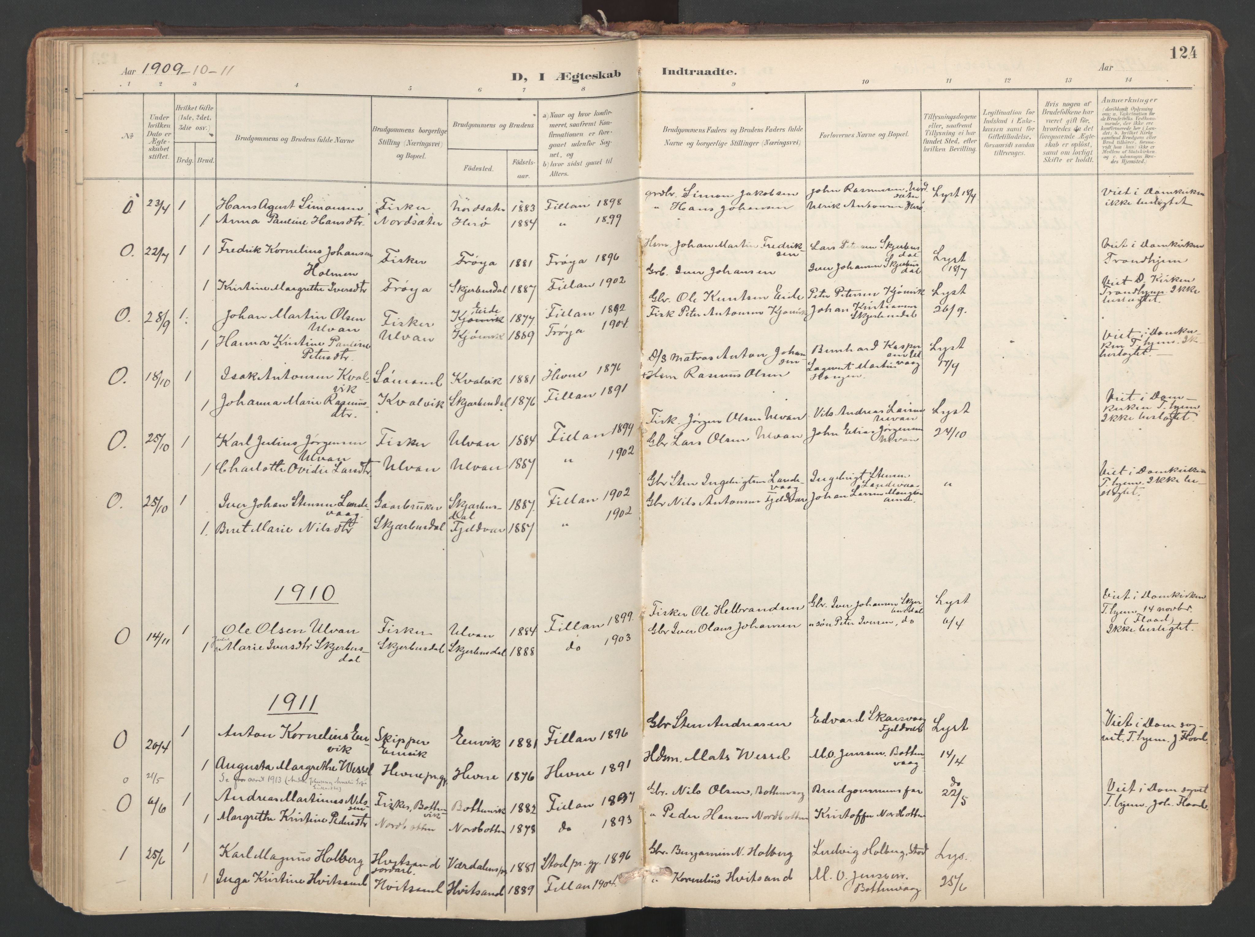 Ministerialprotokoller, klokkerbøker og fødselsregistre - Sør-Trøndelag, SAT/A-1456/638/L0568: Parish register (official) no. 638A01, 1901-1916, p. 124