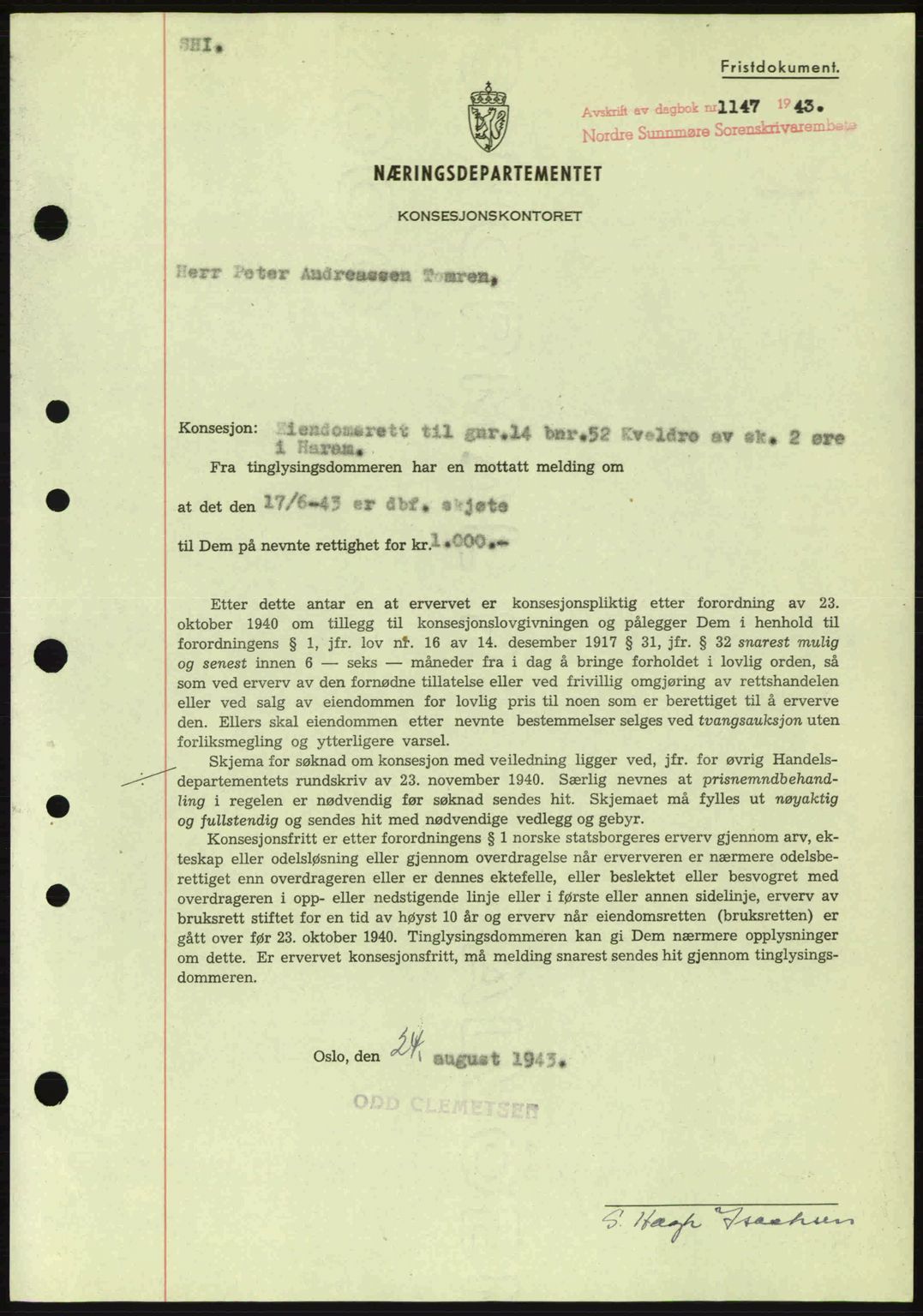 Nordre Sunnmøre sorenskriveri, SAT/A-0006/1/2/2C/2Ca: Mortgage book no. B6-14 a, 1942-1945, Diary no: : 1147/1943