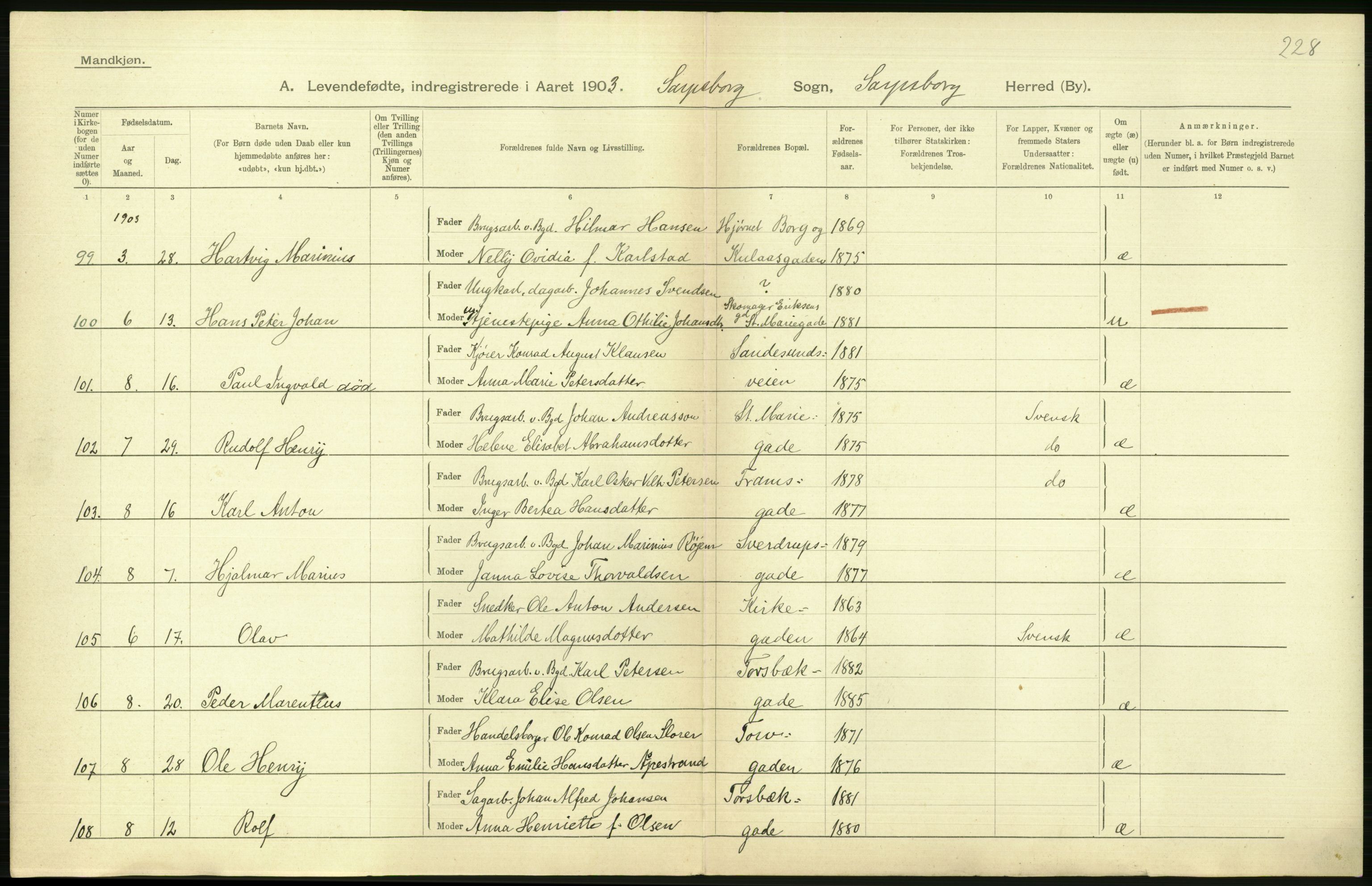 Statistisk sentralbyrå, Sosiodemografiske emner, Befolkning, AV/RA-S-2228/D/Df/Dfa/Dfaa/L0001: Smålenenes amt: Fødte, gifte, døde, 1903, p. 366