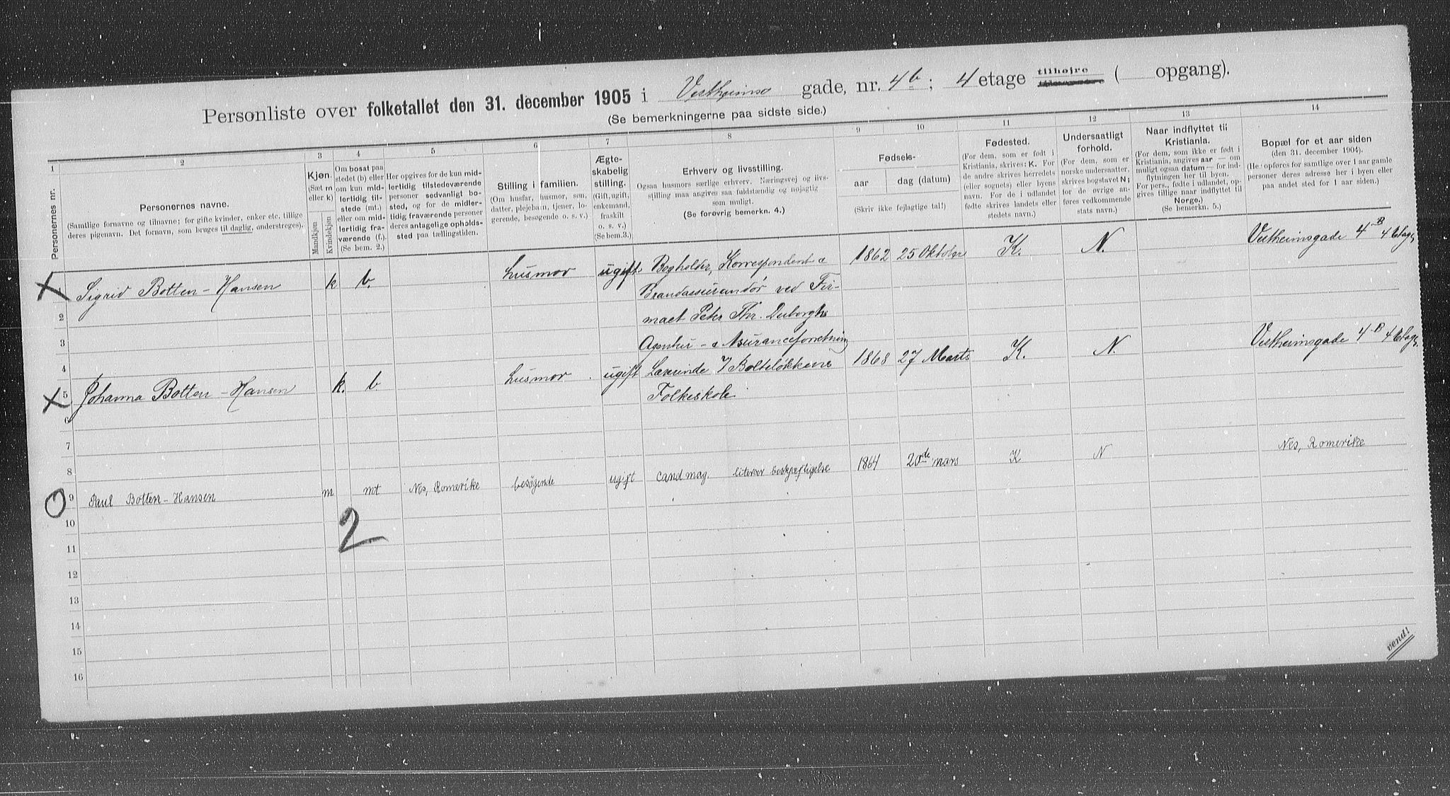 OBA, Municipal Census 1905 for Kristiania, 1905, p. 64400