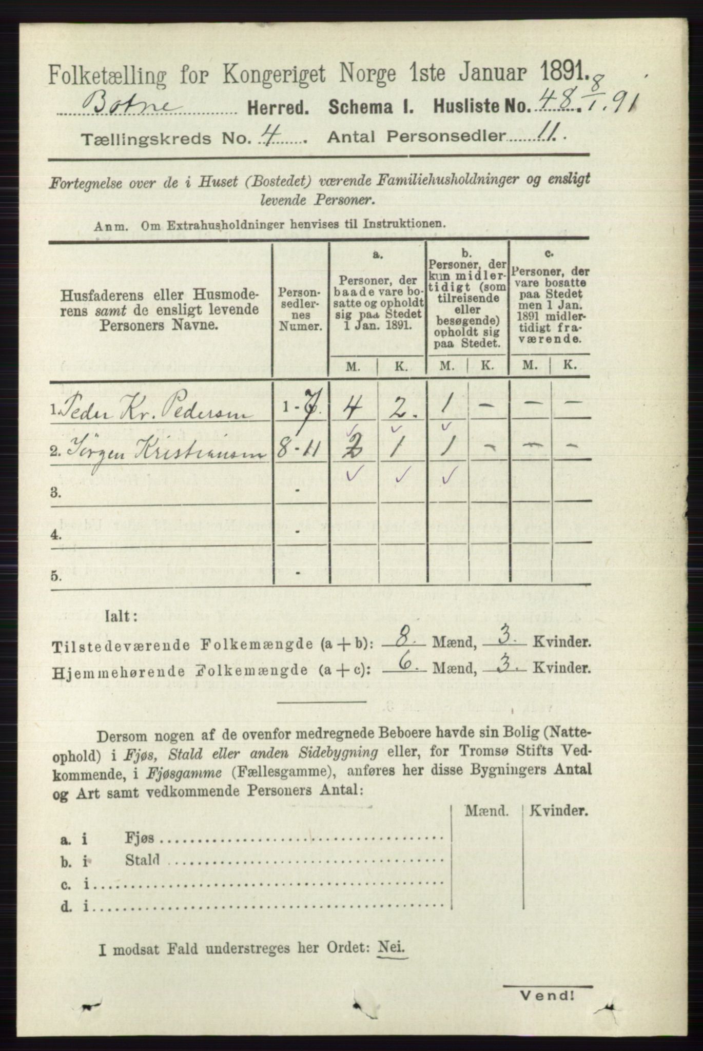 RA, 1891 census for 0715 Botne, 1891, p. 1595