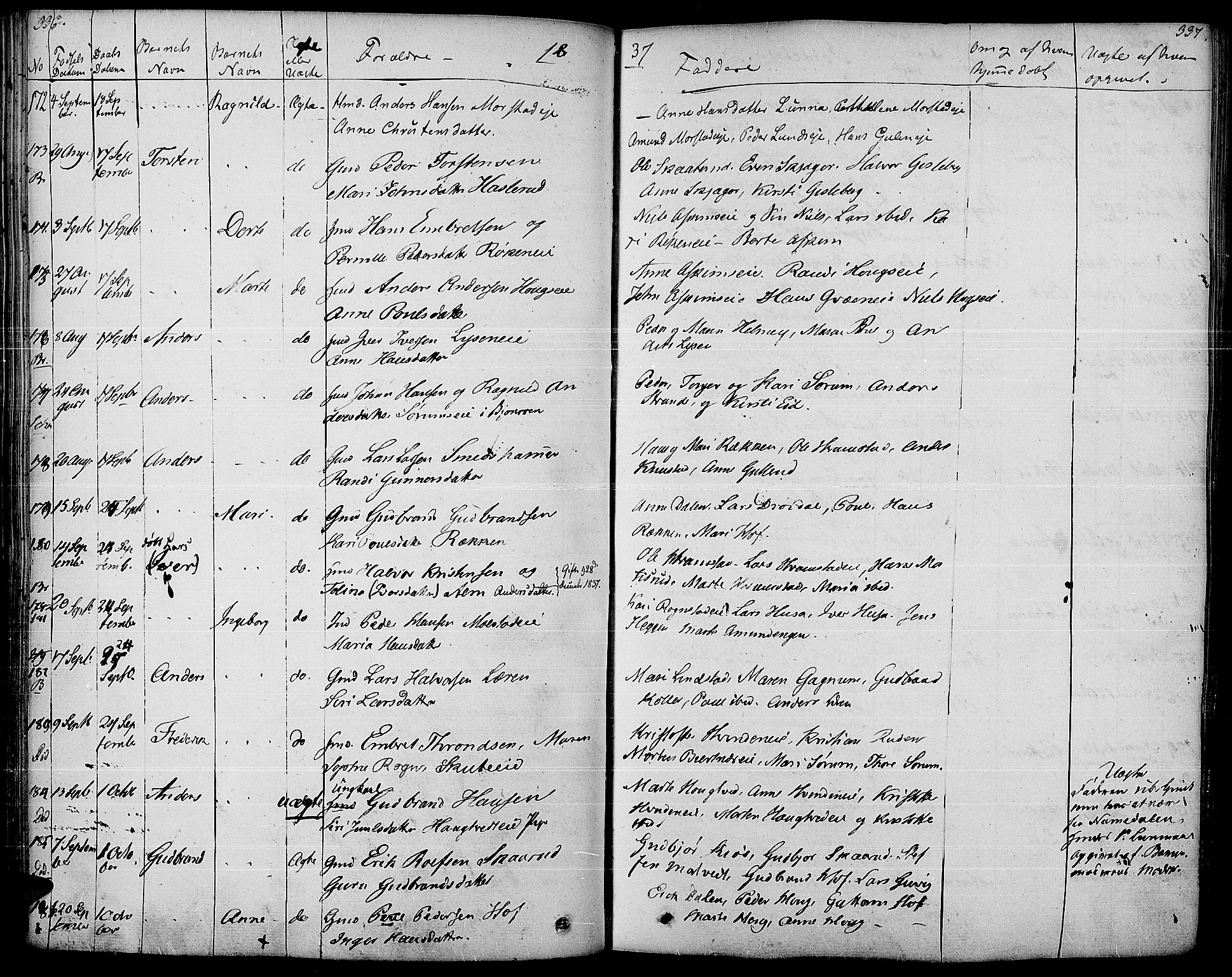 Gran prestekontor, SAH/PREST-112/H/Ha/Haa/L0010: Parish register (official) no. 10, 1824-1842, p. 336-337
