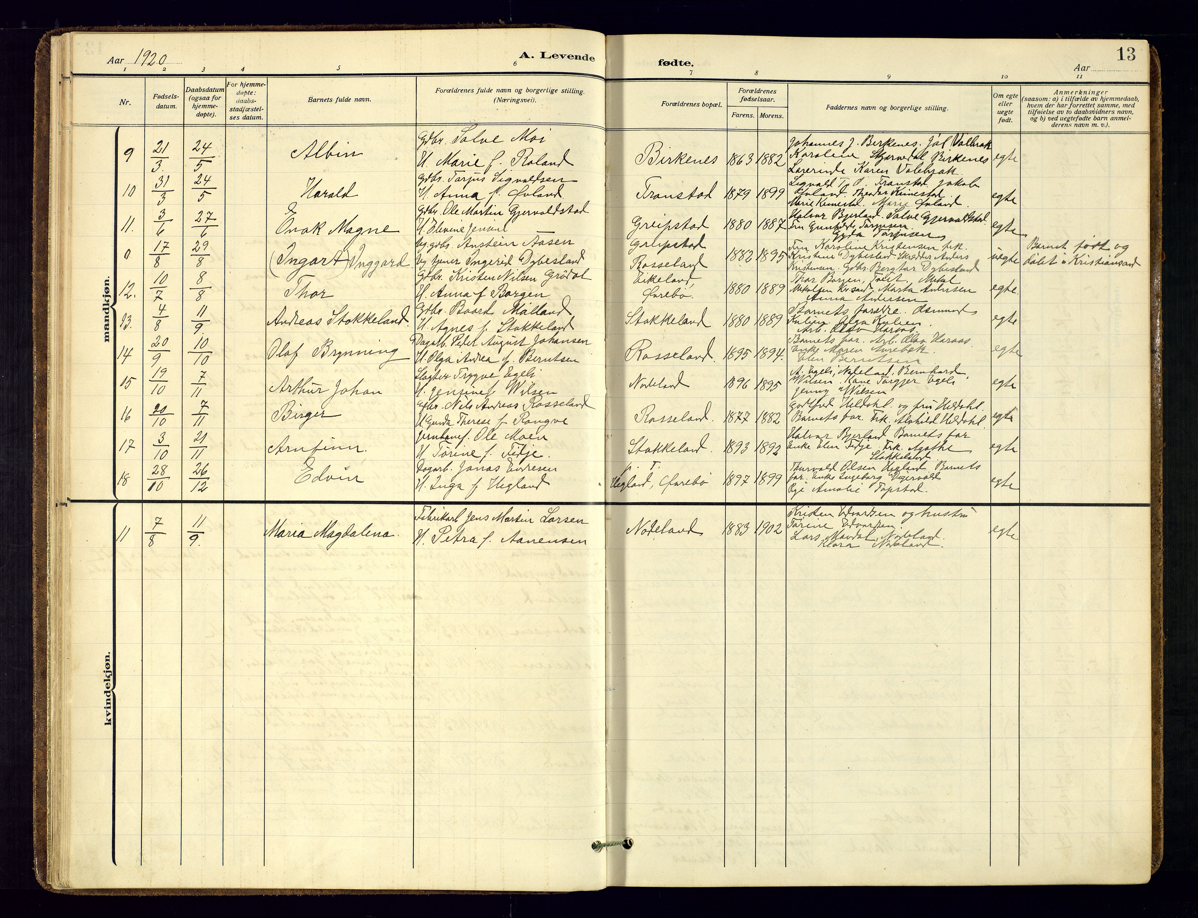 Søgne sokneprestkontor, AV/SAK-1111-0037/F/Fa/Faa/L0004: Parish register (official) no. A-4, 1911-1945, p. 13