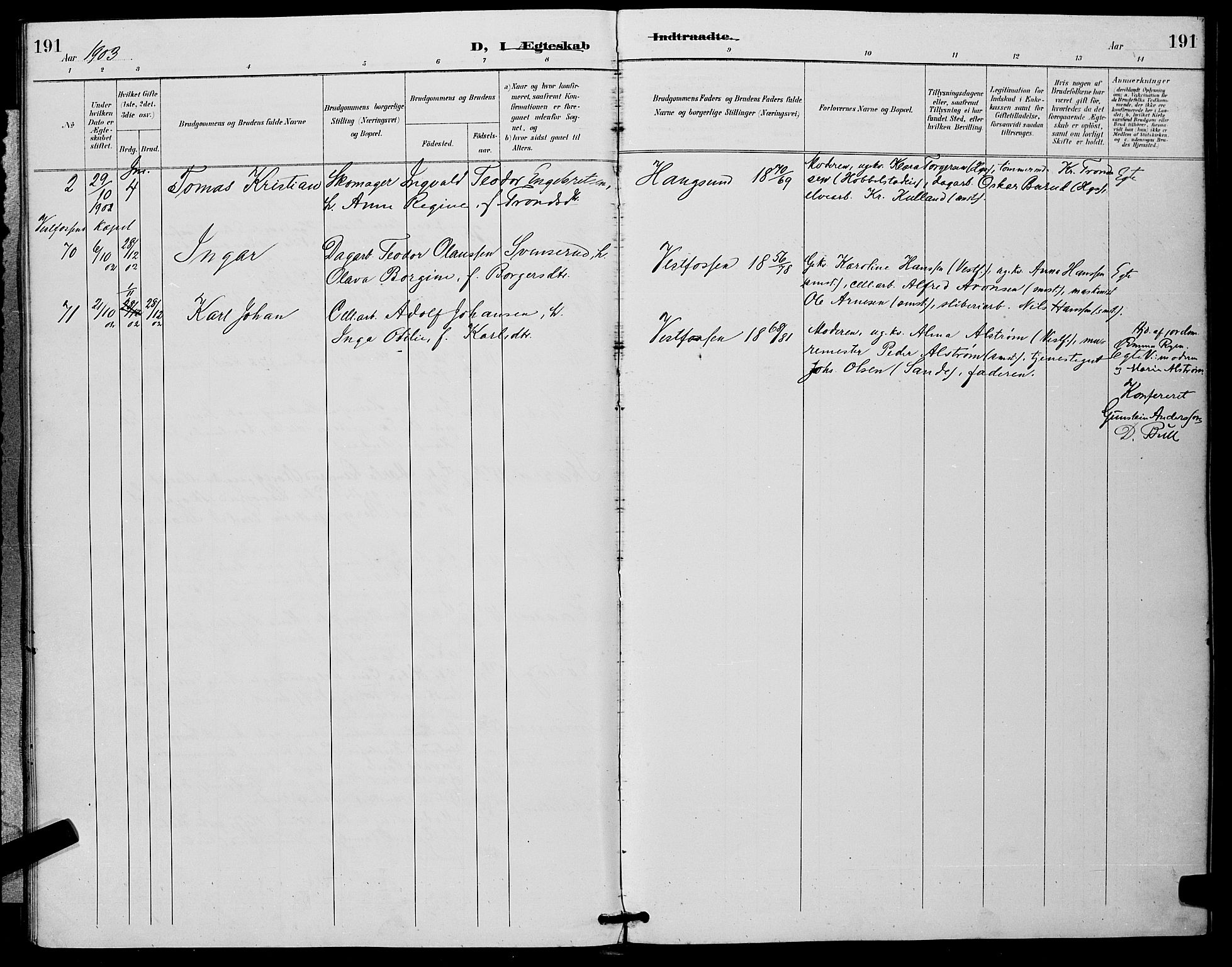 Eiker kirkebøker, SAKO/A-4/G/Ga/L0007: Parish register (copy) no. I 7, 1893-1902, p. 191