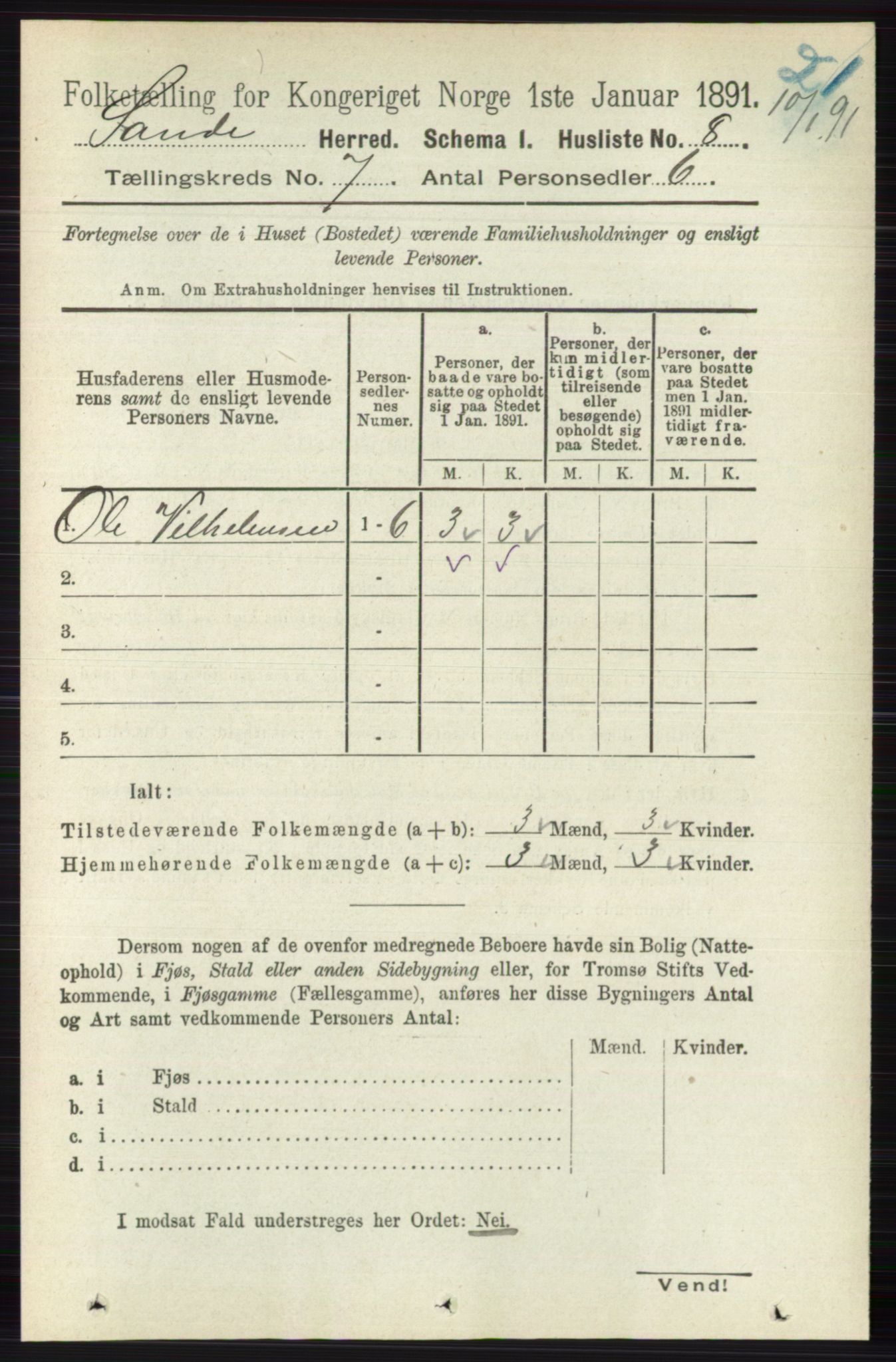 RA, 1891 census for 0713 Sande, 1891, p. 3087