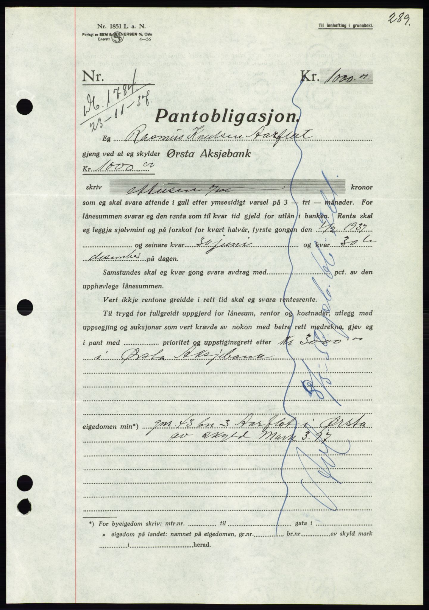 Søre Sunnmøre sorenskriveri, AV/SAT-A-4122/1/2/2C/L0064: Mortgage book no. 58, 1937-1938, Diary no: : 1784/1937