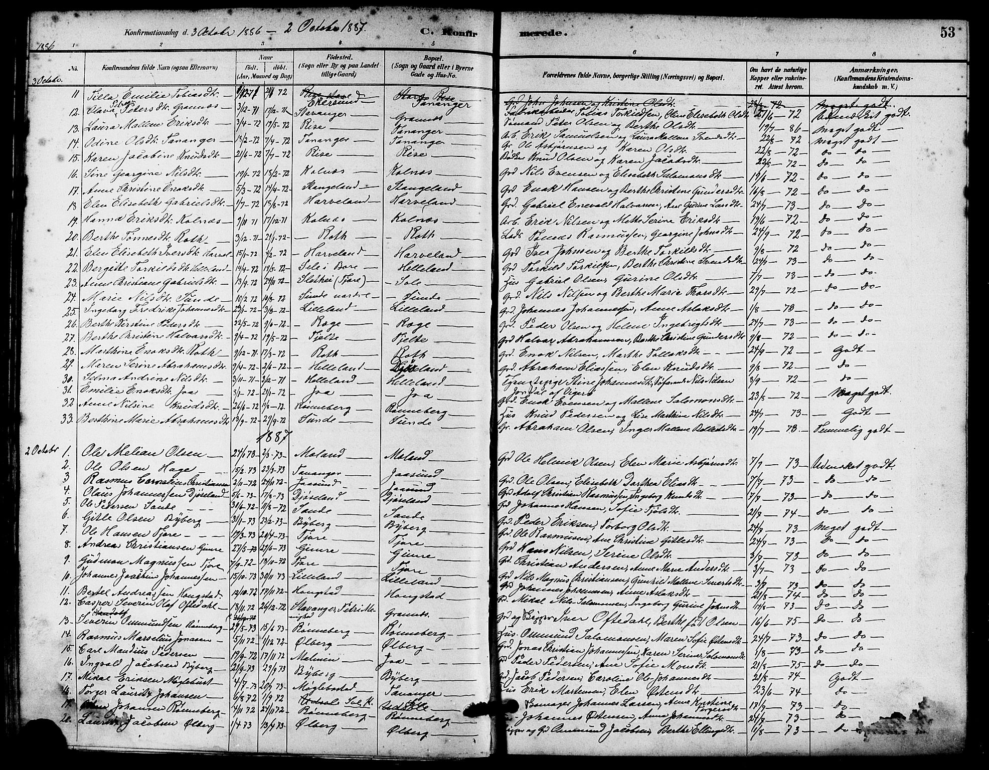 Håland sokneprestkontor, SAST/A-101802/001/30BA/L0010: Parish register (official) no. A 9, 1883-1888, p. 53