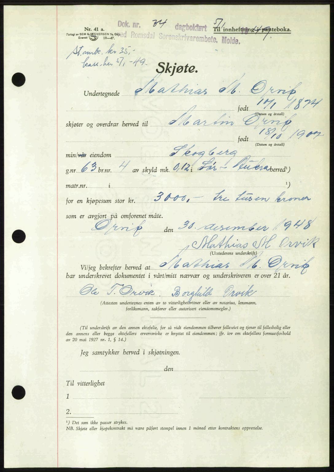 Romsdal sorenskriveri, AV/SAT-A-4149/1/2/2C: Mortgage book no. A28, 1948-1949, Diary no: : 34/1949