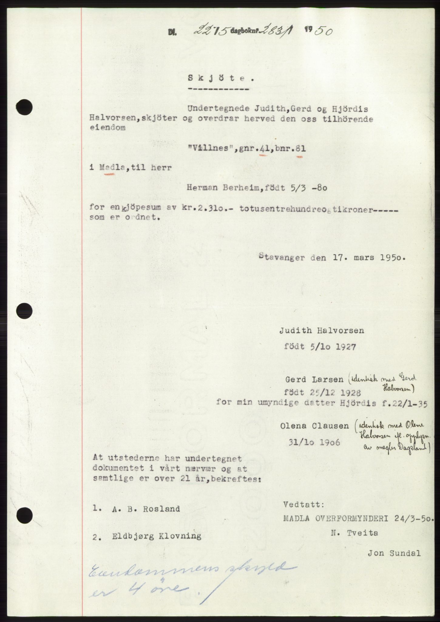 Jæren sorenskriveri, SAST/A-100310/03/G/Gba/L0107: Mortgage book, 1950-1950, Diary no: : 2831/1950