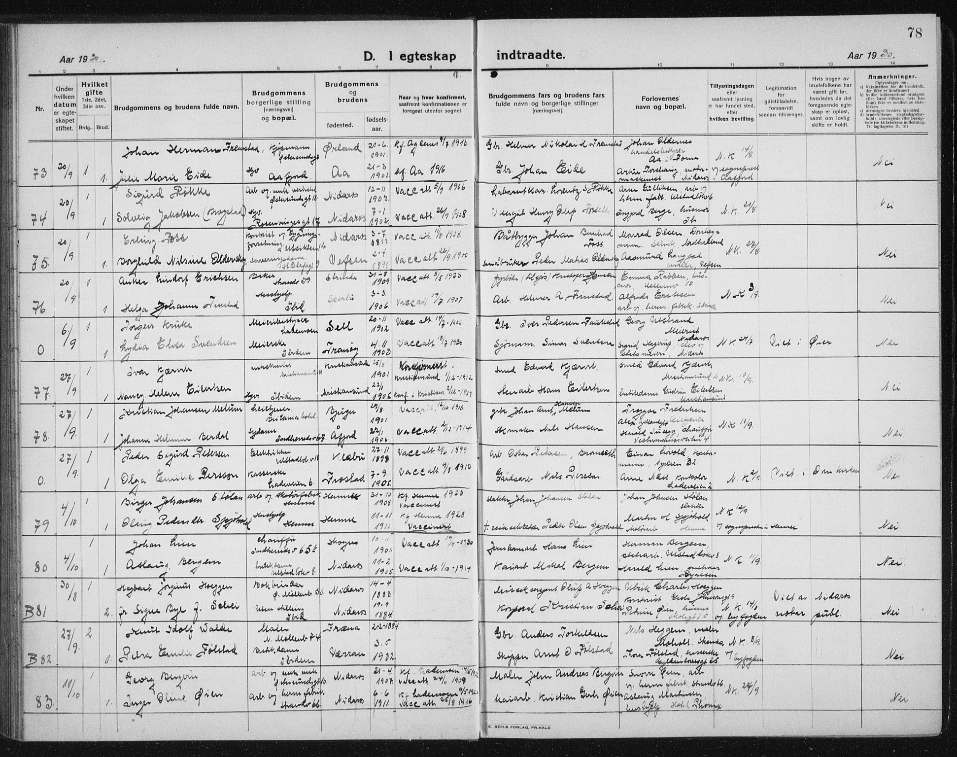 Ministerialprotokoller, klokkerbøker og fødselsregistre - Sør-Trøndelag, AV/SAT-A-1456/605/L0260: Parish register (copy) no. 605C07, 1922-1942, p. 78