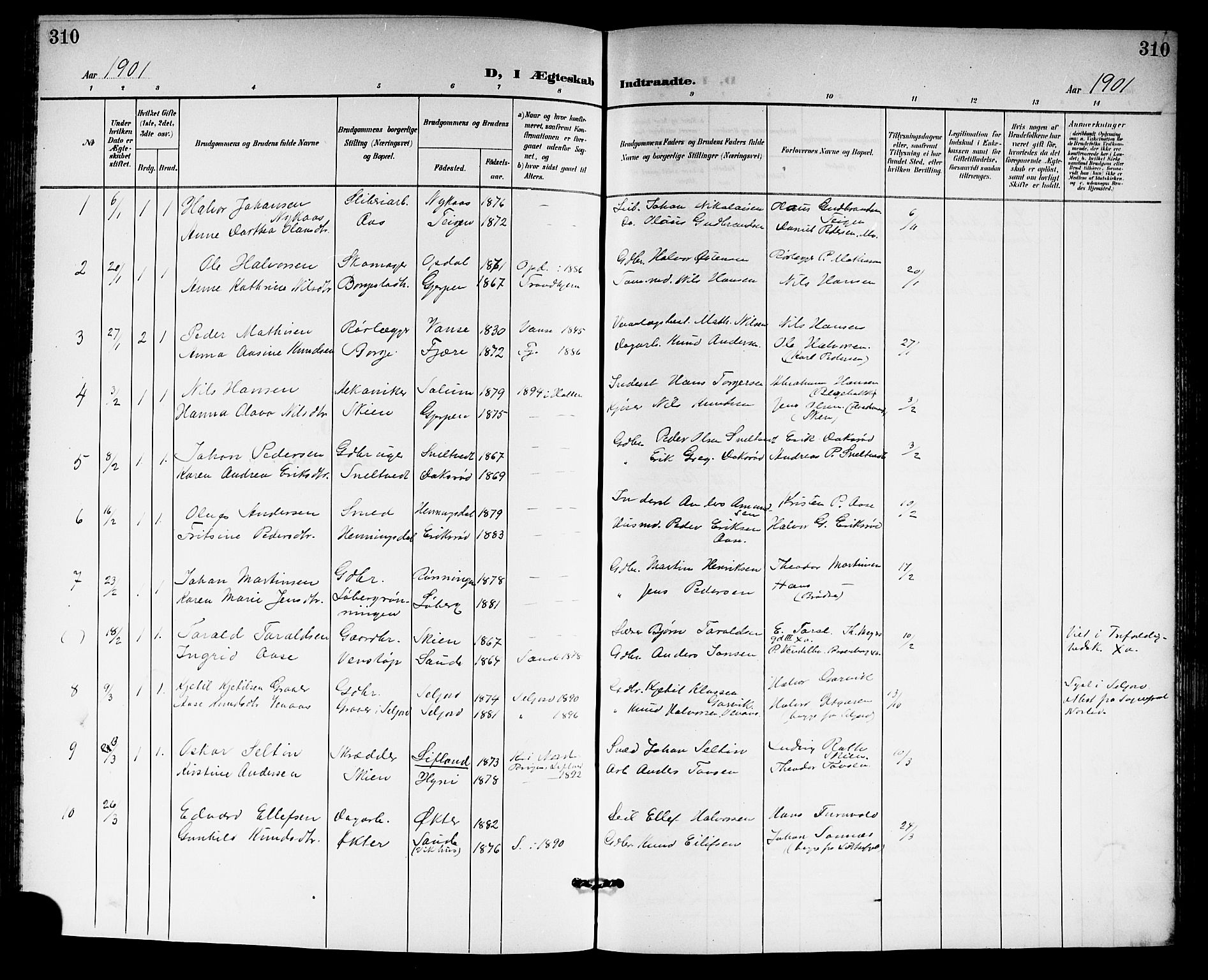 Gjerpen kirkebøker, SAKO/A-265/G/Ga/L0003: Parish register (copy) no. I 3, 1901-1919, p. 310