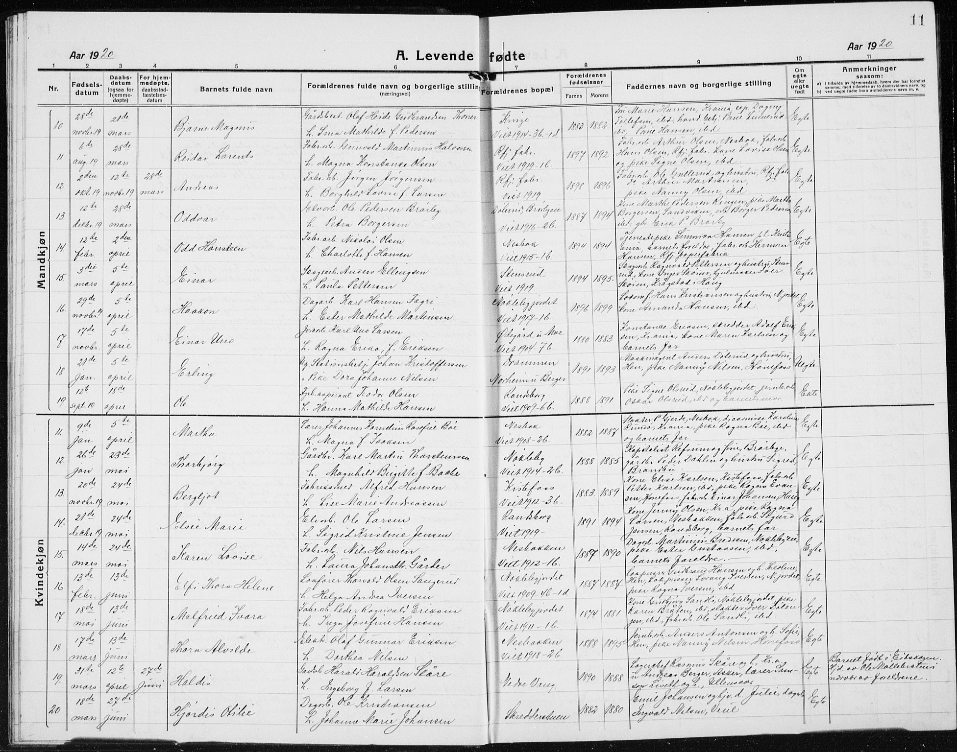 Jevnaker prestekontor, AV/SAH-PREST-116/H/Ha/Hab/L0005: Parish register (copy) no. 5, 1919-1934, p. 11