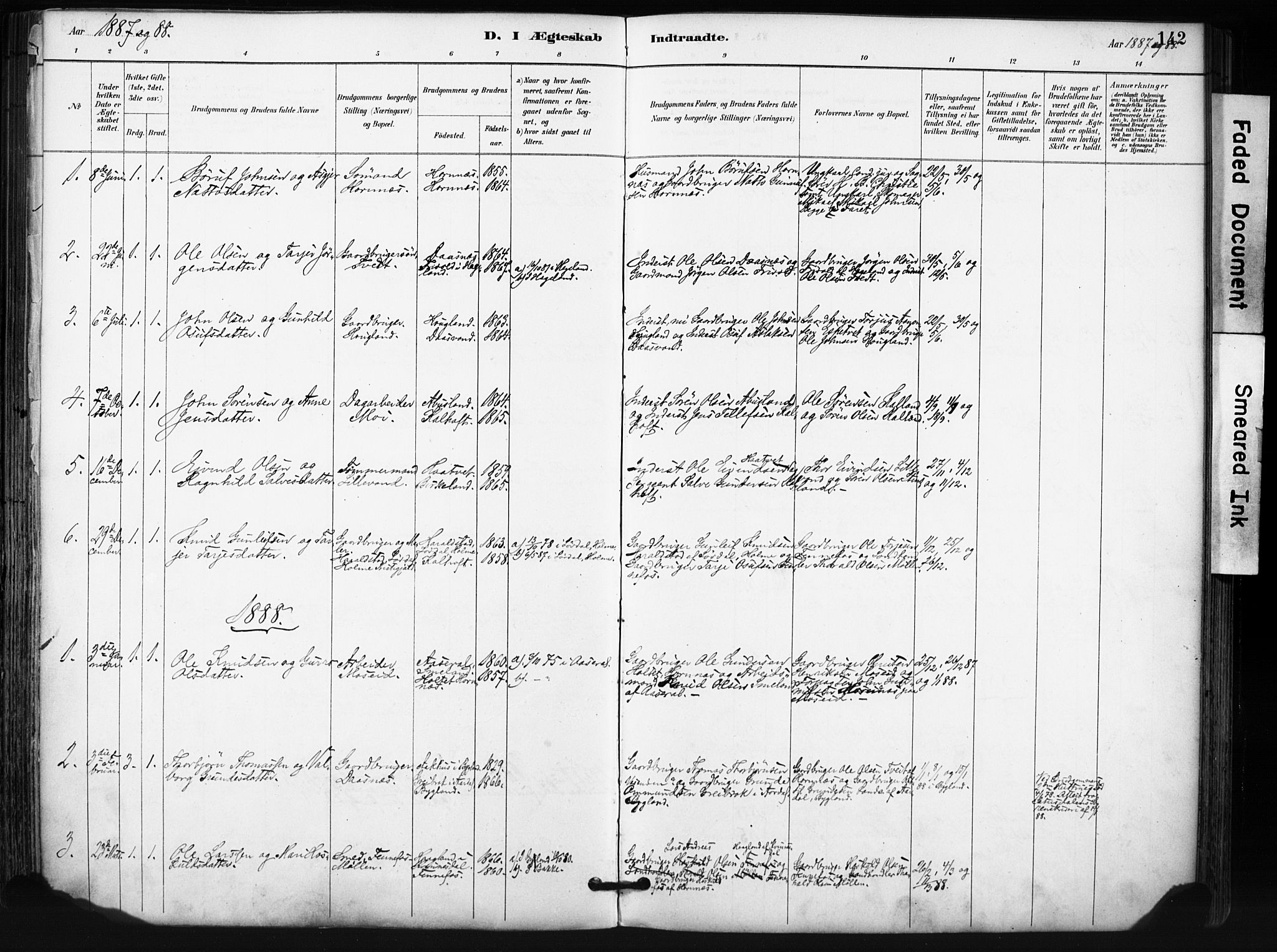 Evje sokneprestkontor, SAK/1111-0008/F/Fa/Fab/L0003: Parish register (official) no. A 3, 1884-1909, p. 142