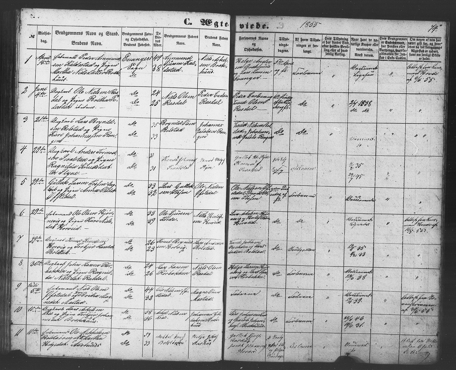Evanger sokneprestembete, SAB/A-99924: Parish register (copy) no. A 1, 1855-1864, p. 74