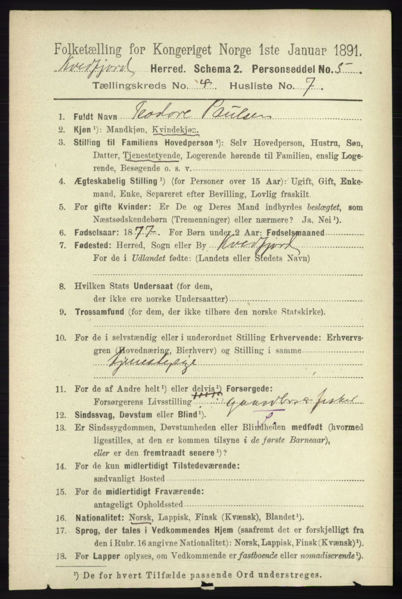 RA, 1891 census for 1911 Kvæfjord, 1891, p. 1931