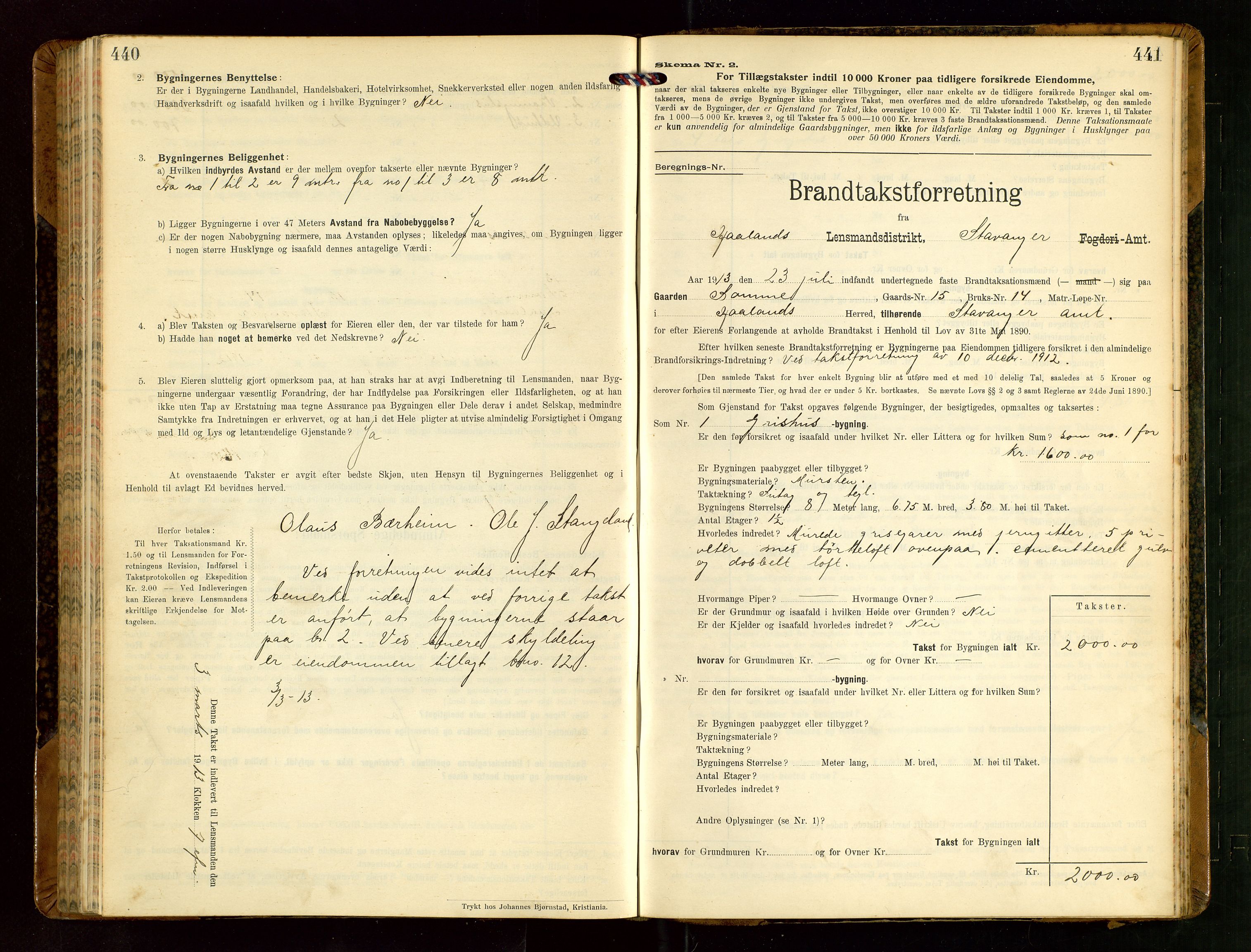 Håland lensmannskontor, AV/SAST-A-100100/Gob/L0004: Branntakstprotokoll - skjematakst. Register i boken., 1913-1915, p. 440-441