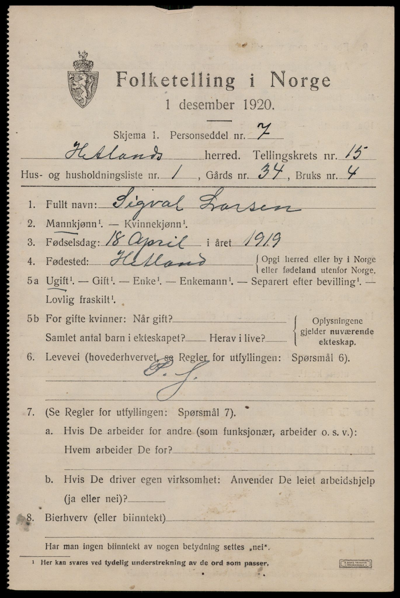 SAST, 1920 census for Hetland, 1920, p. 22819