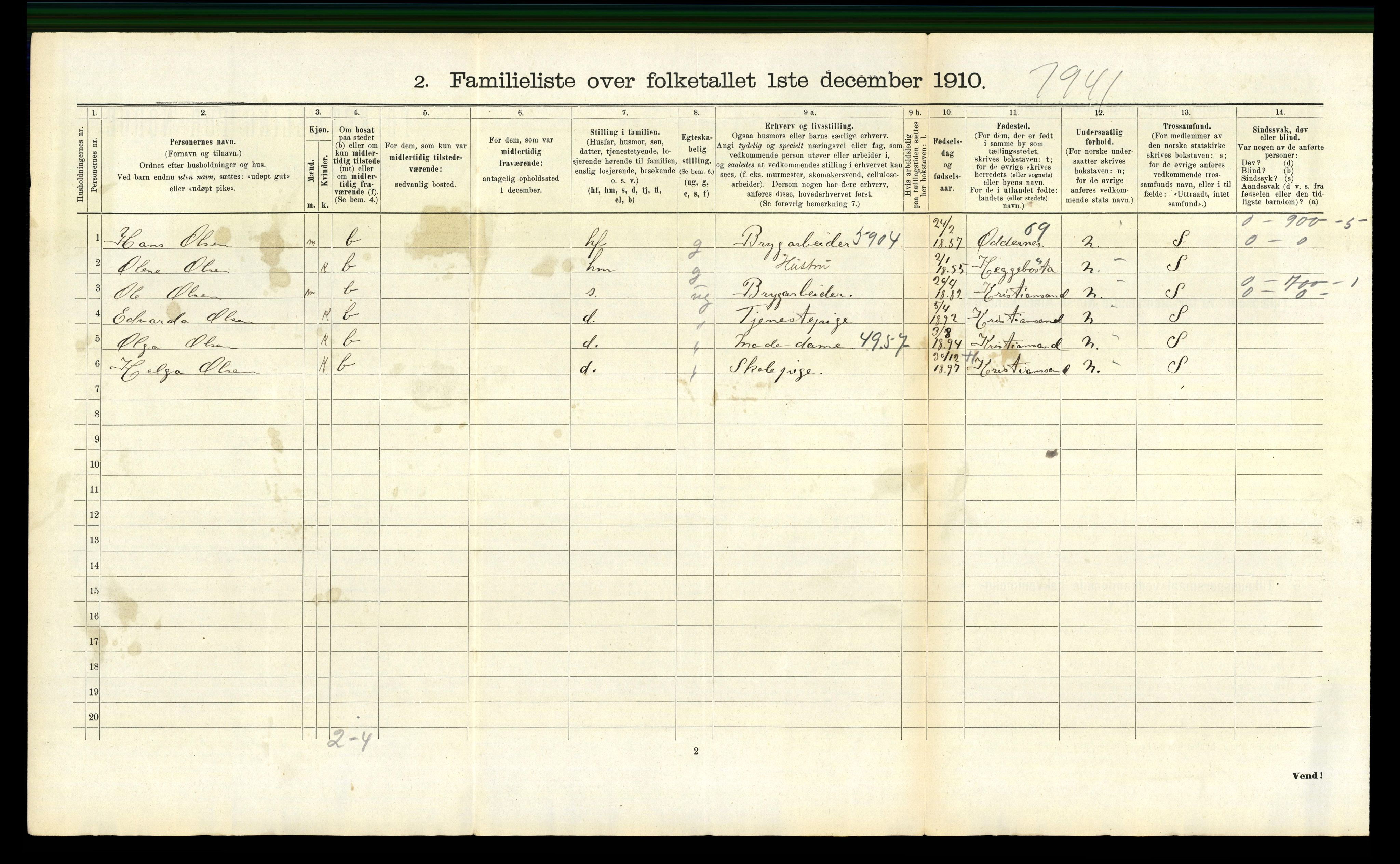 RA, 1910 census for Kristiansand, 1910, p. 5497