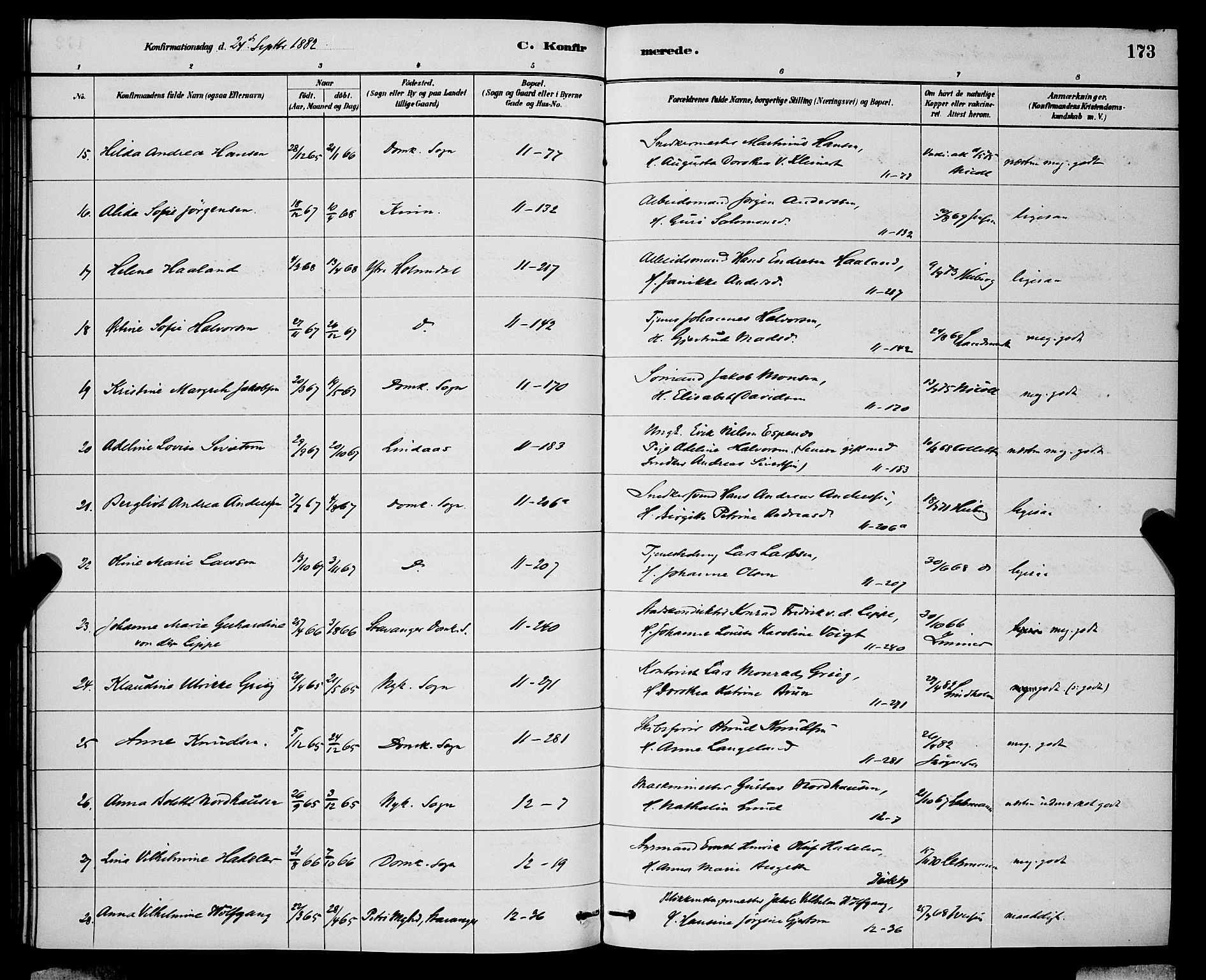 Domkirken sokneprestembete, AV/SAB-A-74801/H/Hab/L0024: Parish register (copy) no. C 4, 1880-1899, p. 173