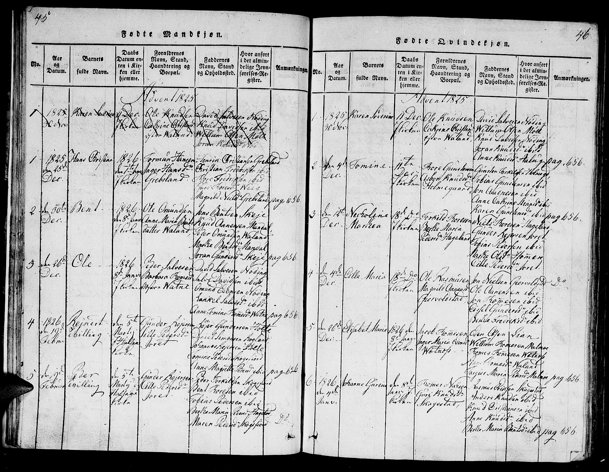Holum sokneprestkontor, SAK/1111-0022/F/Fb/Fba/L0002: Parish register (copy) no. B 2, 1820-1849, p. 45-46