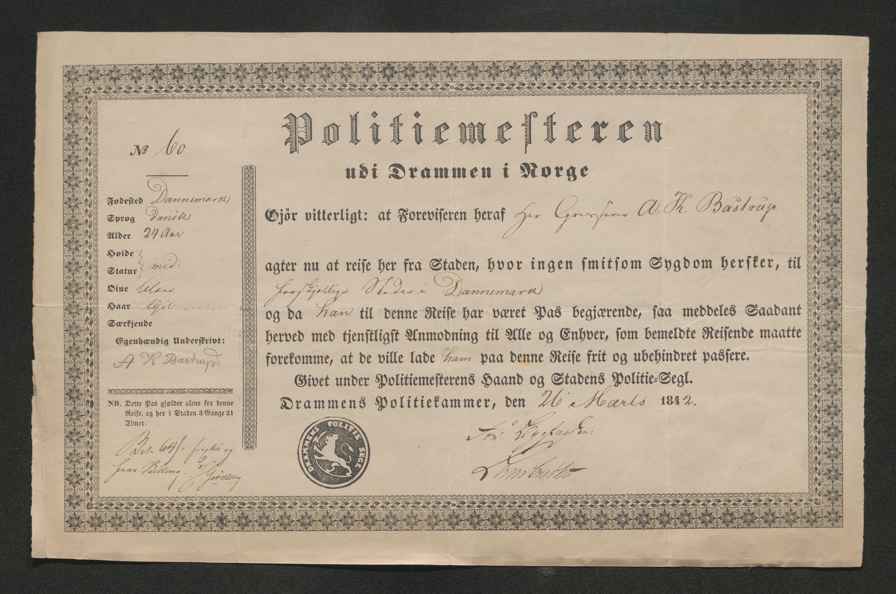 Drammen politikammer, SAKO/A-623/I/Ia/Iab/L0007: Innleverte pass, 1843-1844, p. 99