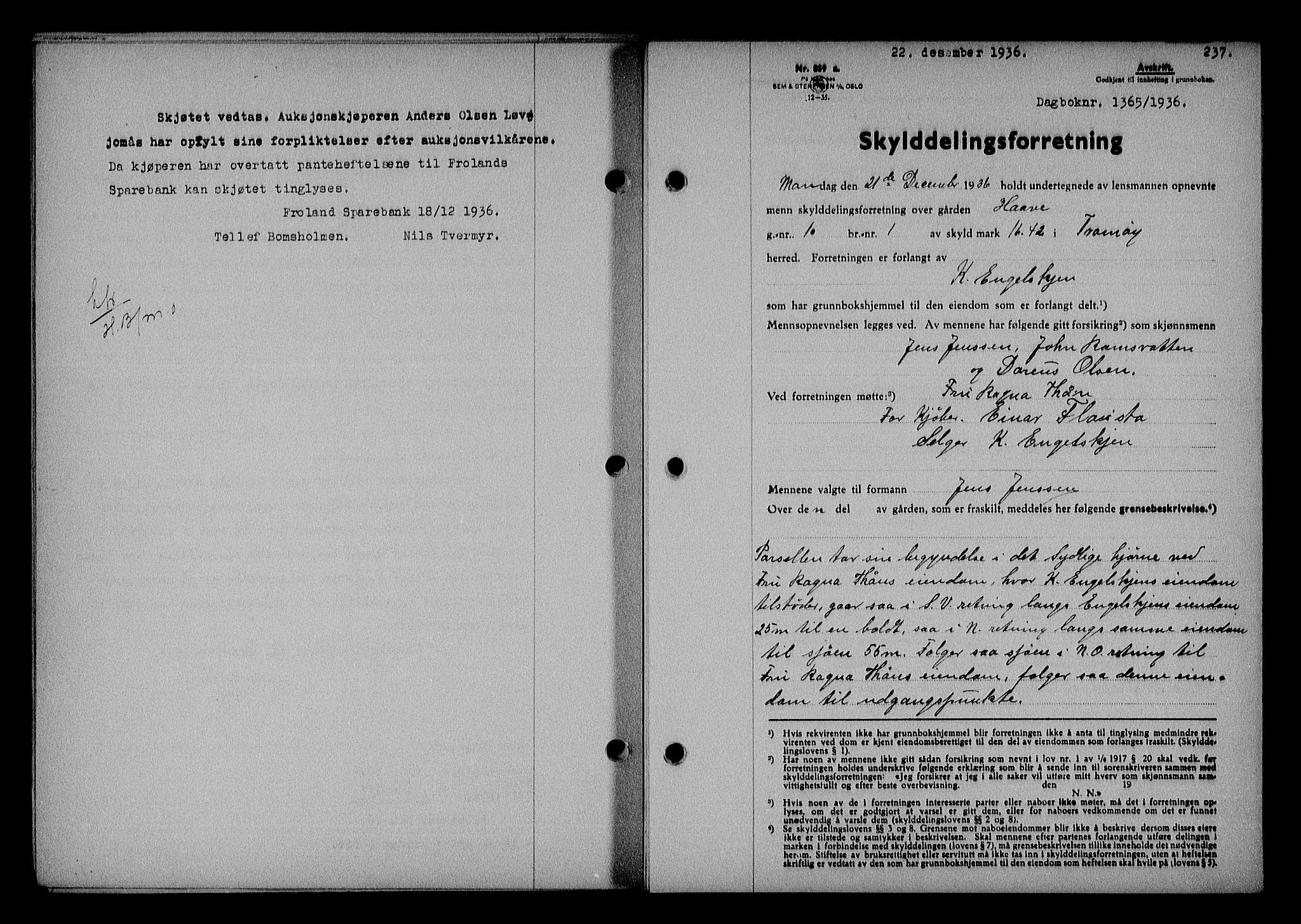 Nedenes sorenskriveri, AV/SAK-1221-0006/G/Gb/Gba/L0043: Mortgage book no. 39, 1936-1937, Diary no: : 1365/1936