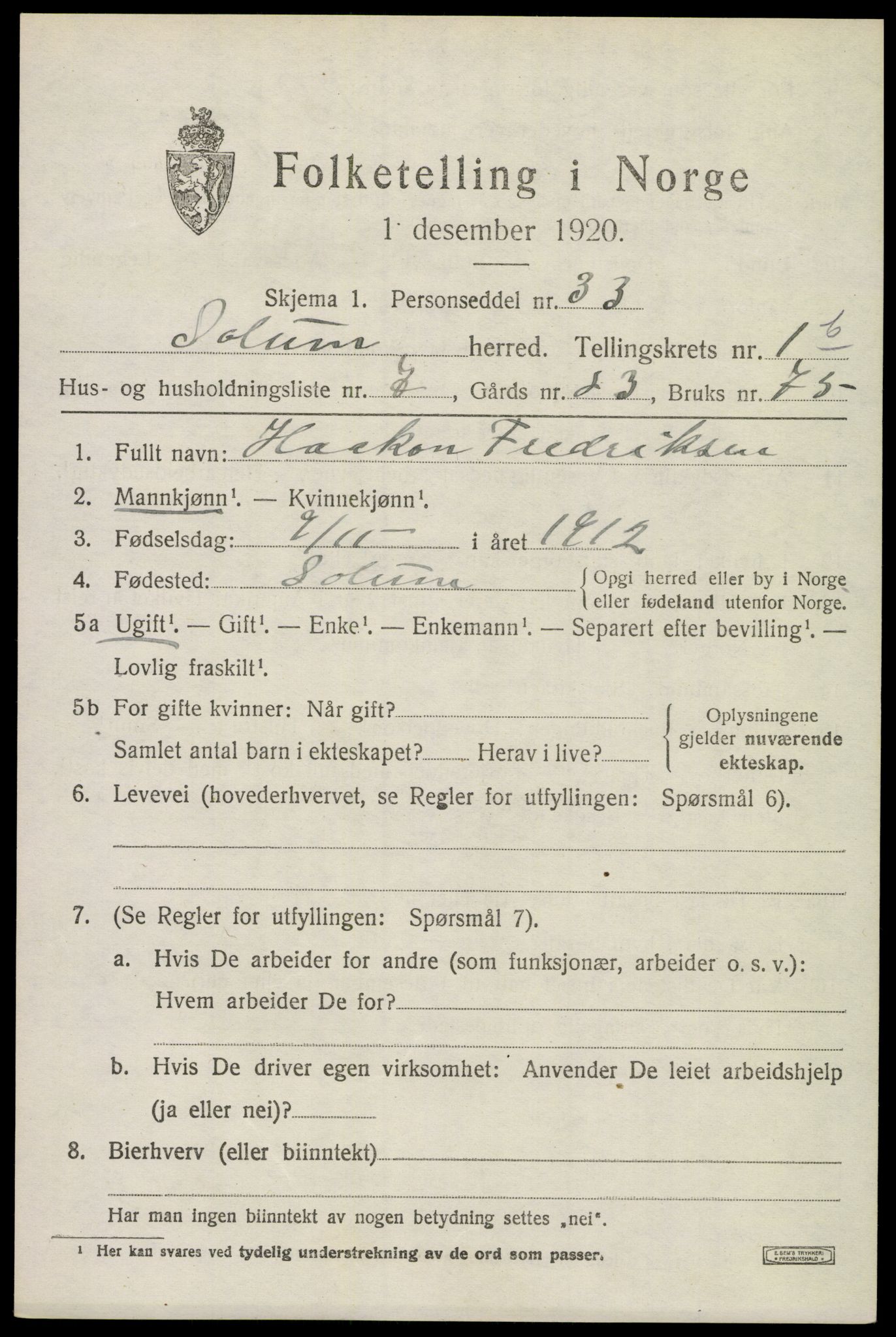 SAKO, 1920 census for Solum, 1920, p. 4194