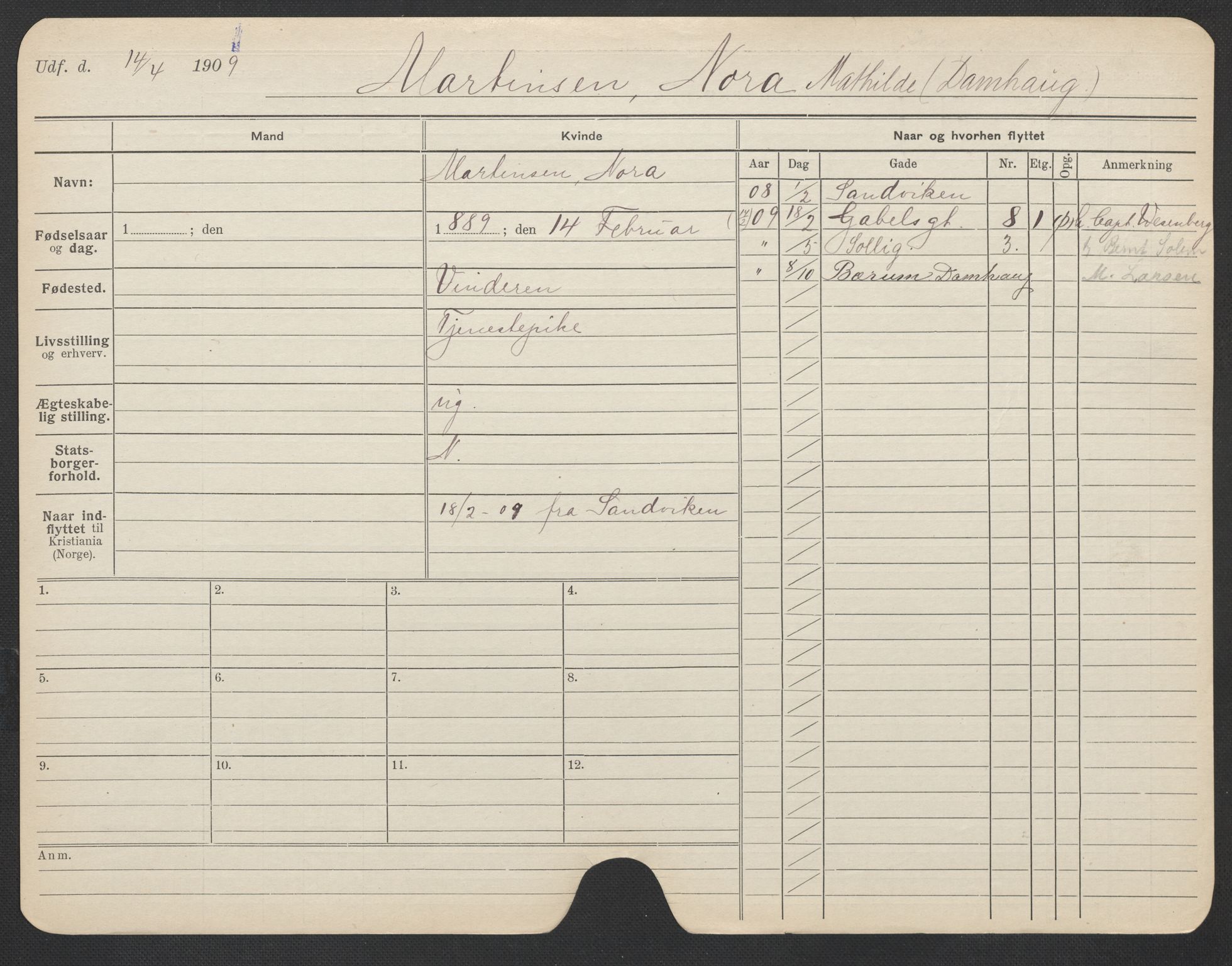 Oslo folkeregister, Registerkort, AV/SAO-A-11715/F/Fa/Fac/L0020: Kvinner, 1906-1914, p. 655a