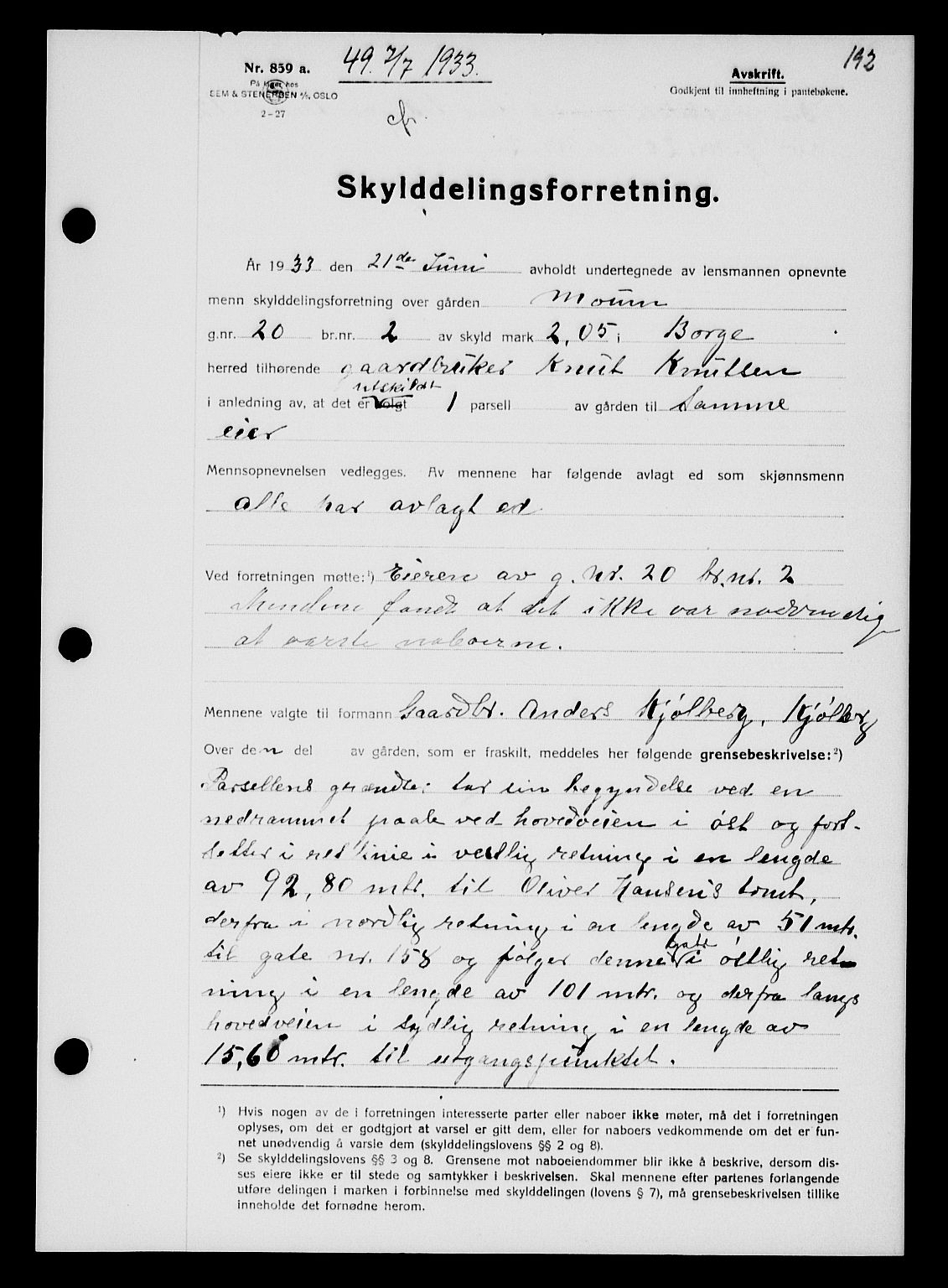 Tune sorenskriveri, SAO/A-10470/G/Gb/Gbb/L0004: Mortgage book no. II 20-24, 1933-1935, Deed date: 07.07.1933