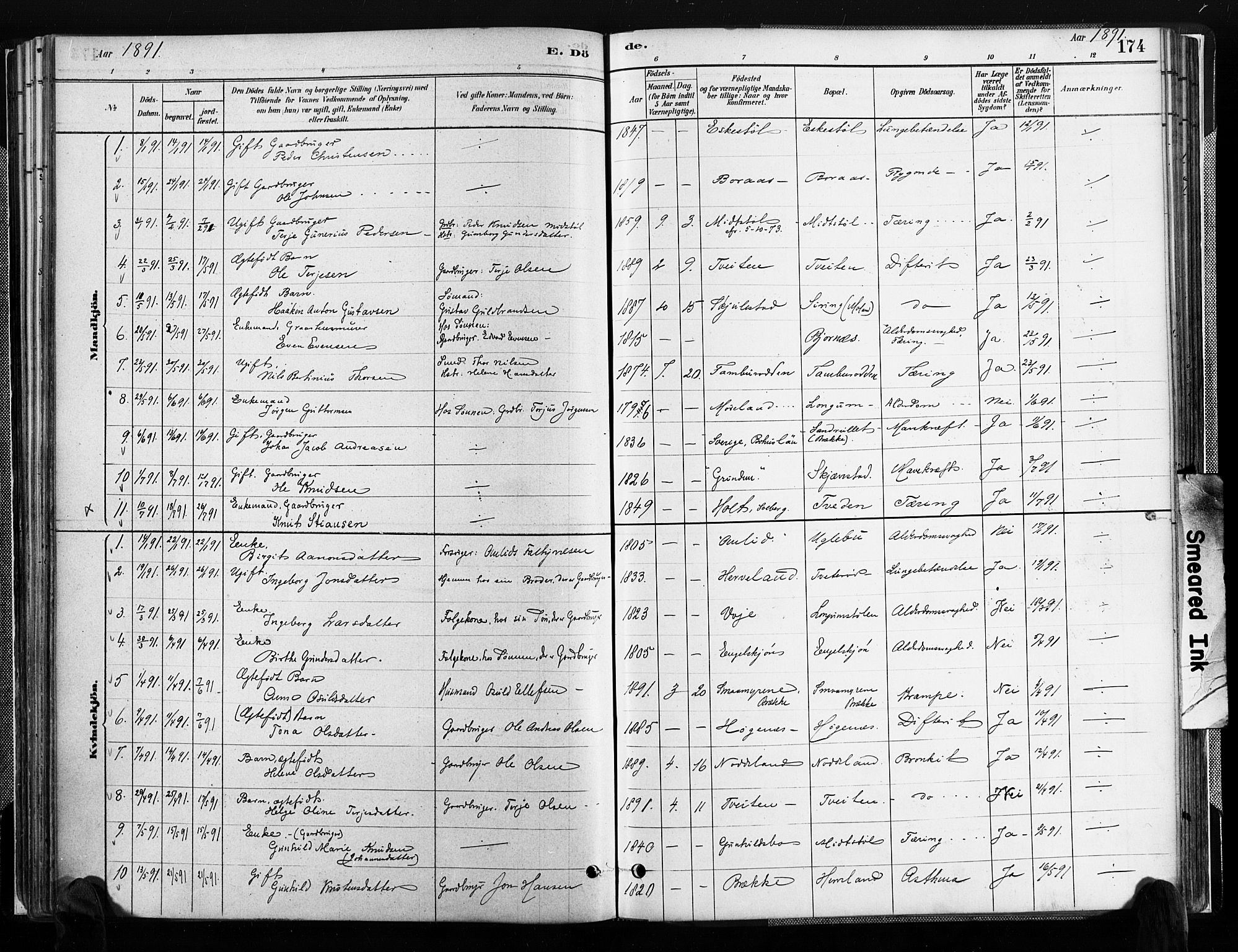 Austre Moland sokneprestkontor, SAK/1111-0001/F/Fa/Faa/L0010: Parish register (official) no. A 10, 1880-1904, p. 174
