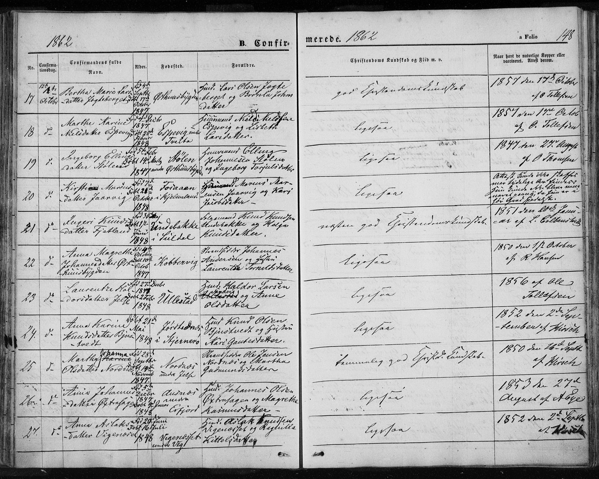 Jelsa sokneprestkontor, AV/SAST-A-101842/01/IV: Parish register (official) no. A 7, 1854-1866, p. 148