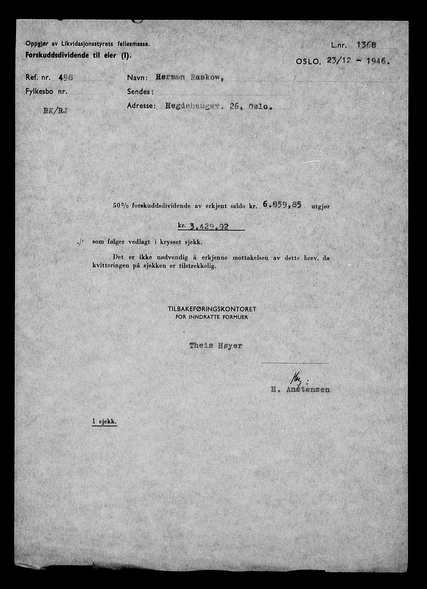 Justisdepartementet, Tilbakeføringskontoret for inndratte formuer, AV/RA-S-1564/H/Hc/Hcc/L0972: --, 1945-1947, p. 19