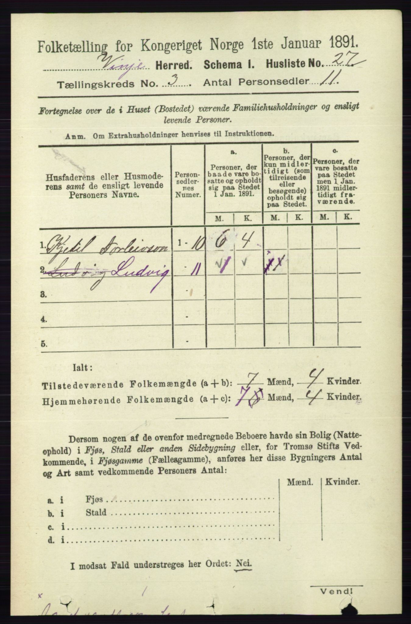 RA, 1891 census for 0834 Vinje, 1891, p. 627