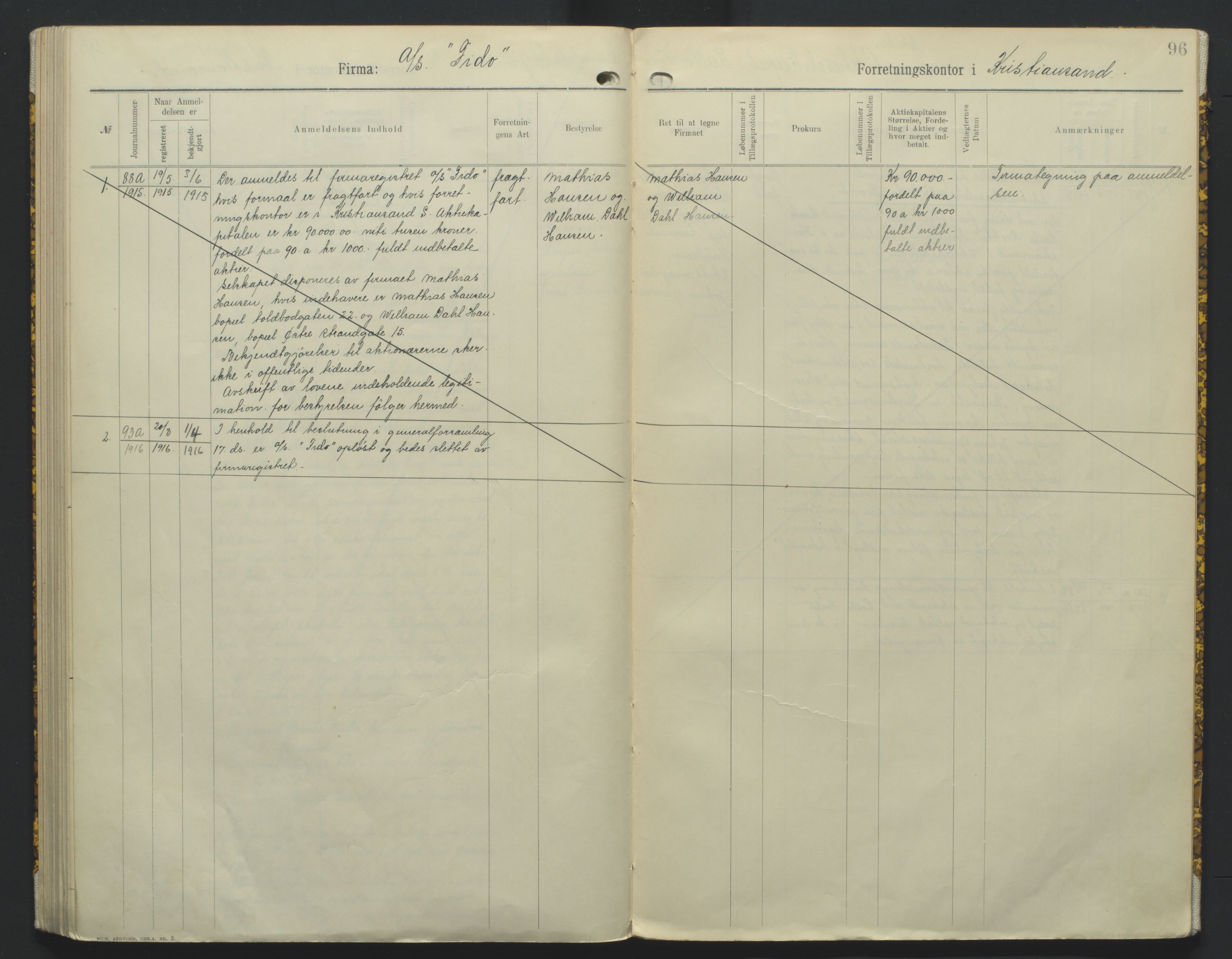 Kristiansand byrett, AV/SAK-1223-0001/K/Kb/L0010: Handelsregister B III, 1907-1915, p. 96