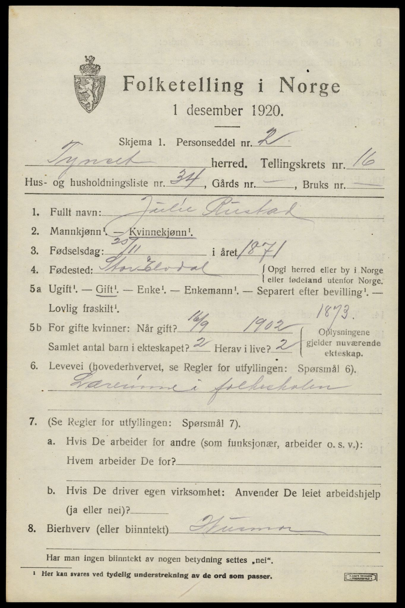 SAH, 1920 census for Tynset, 1920, p. 10056