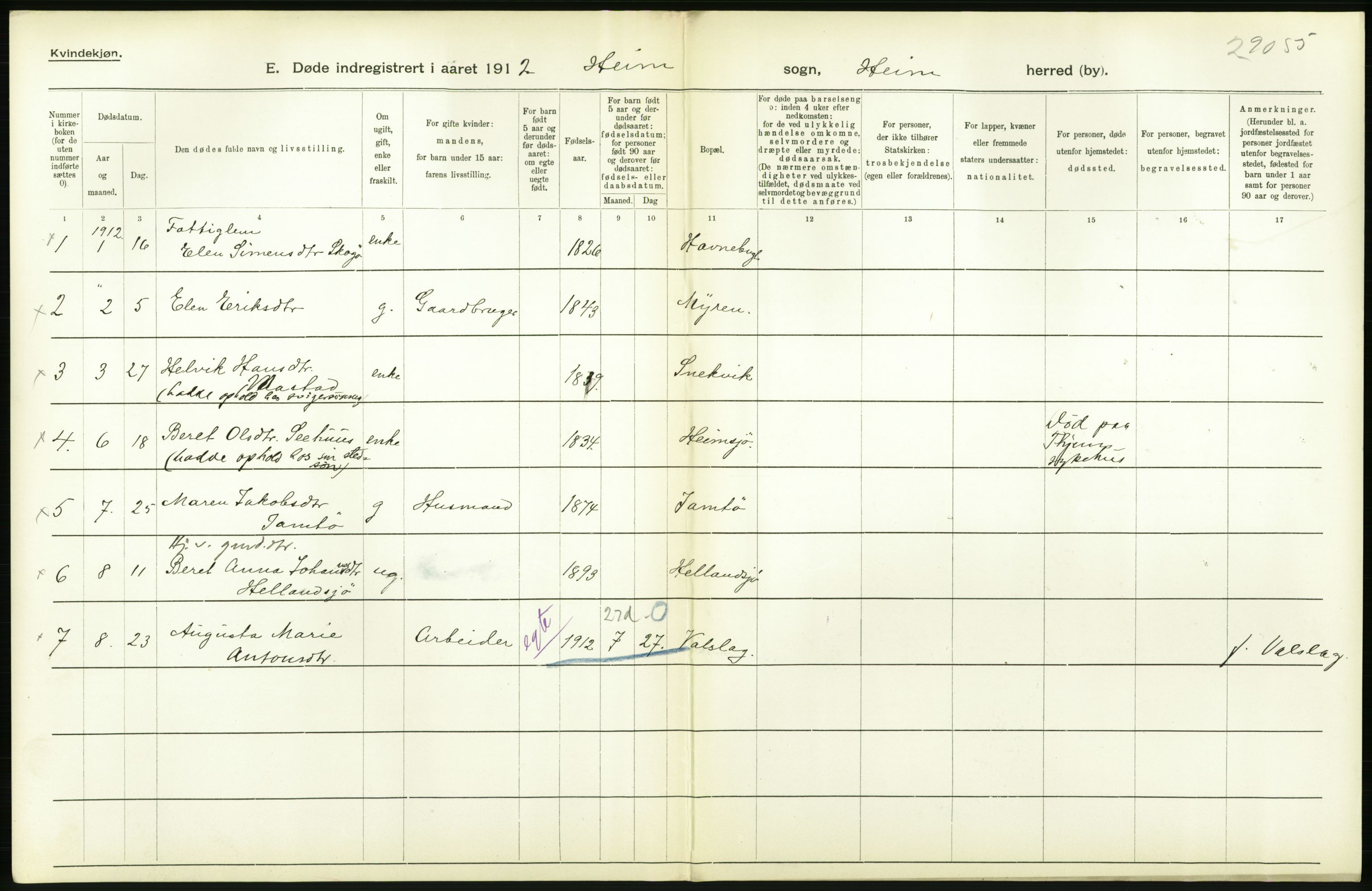 Statistisk sentralbyrå, Sosiodemografiske emner, Befolkning, AV/RA-S-2228/D/Df/Dfb/Dfbb/L0042: S. Trondhjems amt: Døde. Bygder., 1912, p. 26