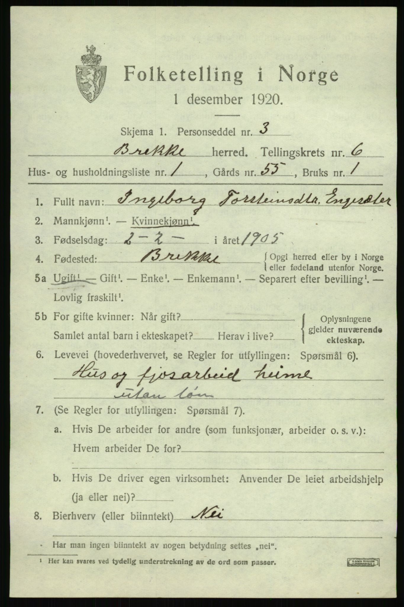 SAB, 1920 census for Brekke, 1920, p. 1266