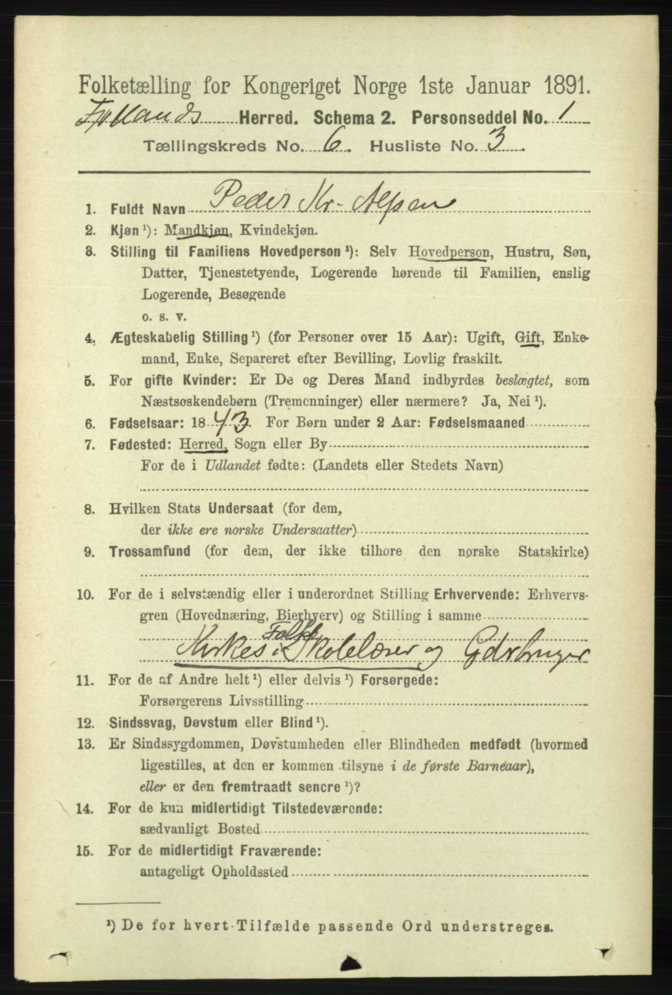 RA, 1891 census for 1036 Fjotland, 1891, p. 874