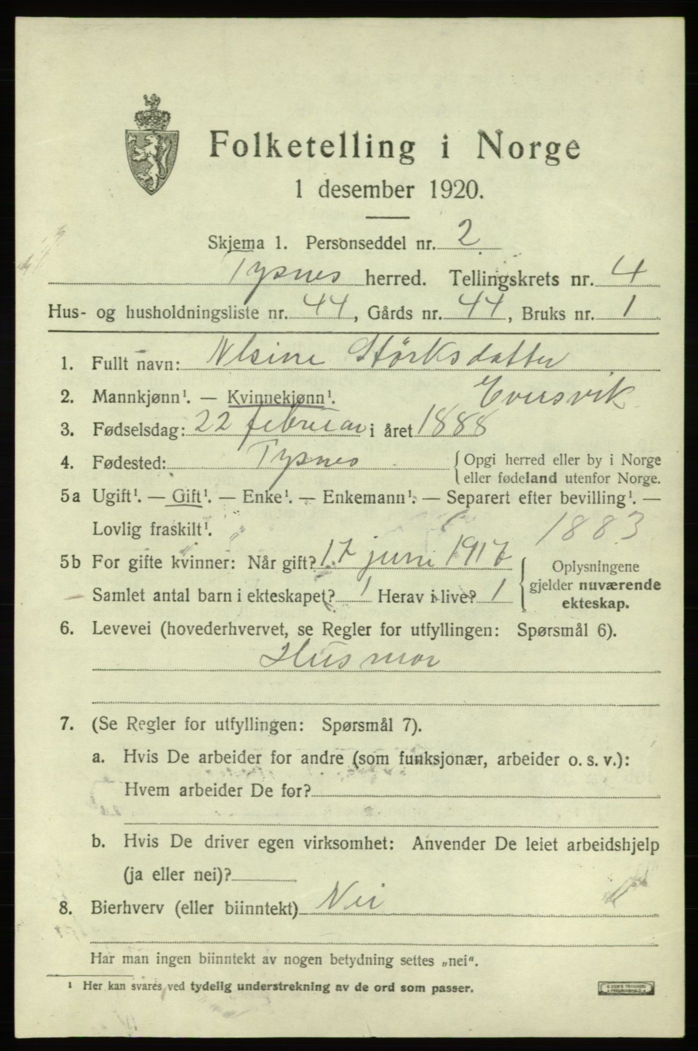 SAB, 1920 census for Tysnes, 1920, p. 3702
