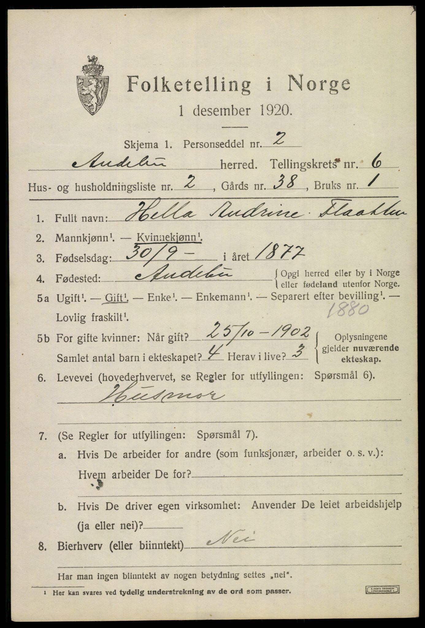 SAKO, 1920 census for Andebu, 1920, p. 2862