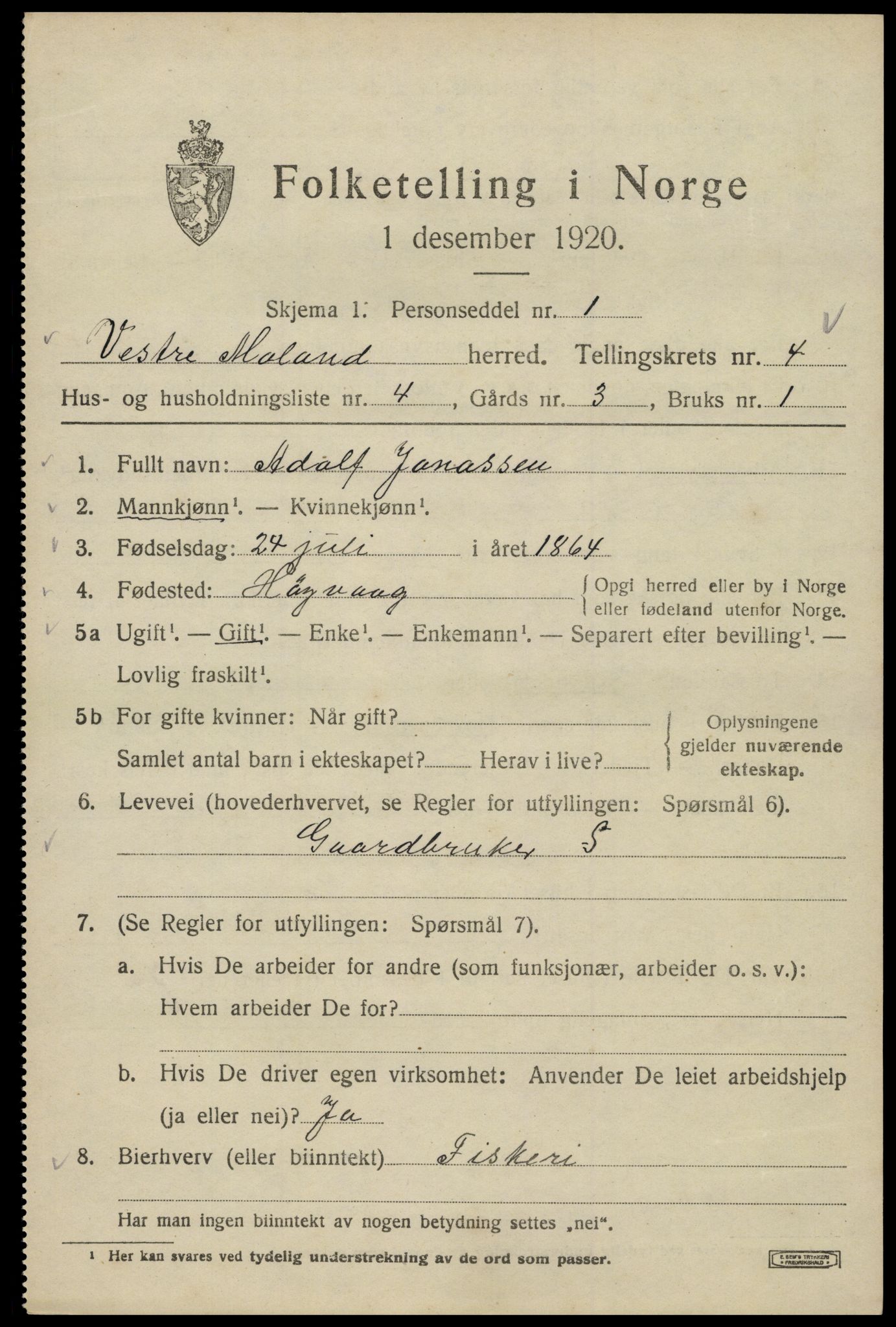 SAK, 1920 census for Vestre Moland, 1920, p. 3571