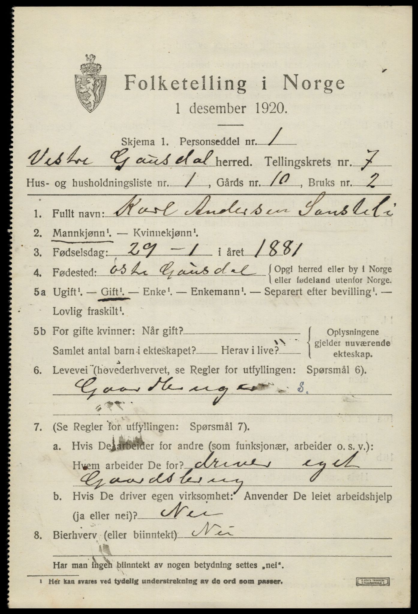 SAH, 1920 census for Vestre Gausdal, 1920, p. 5337