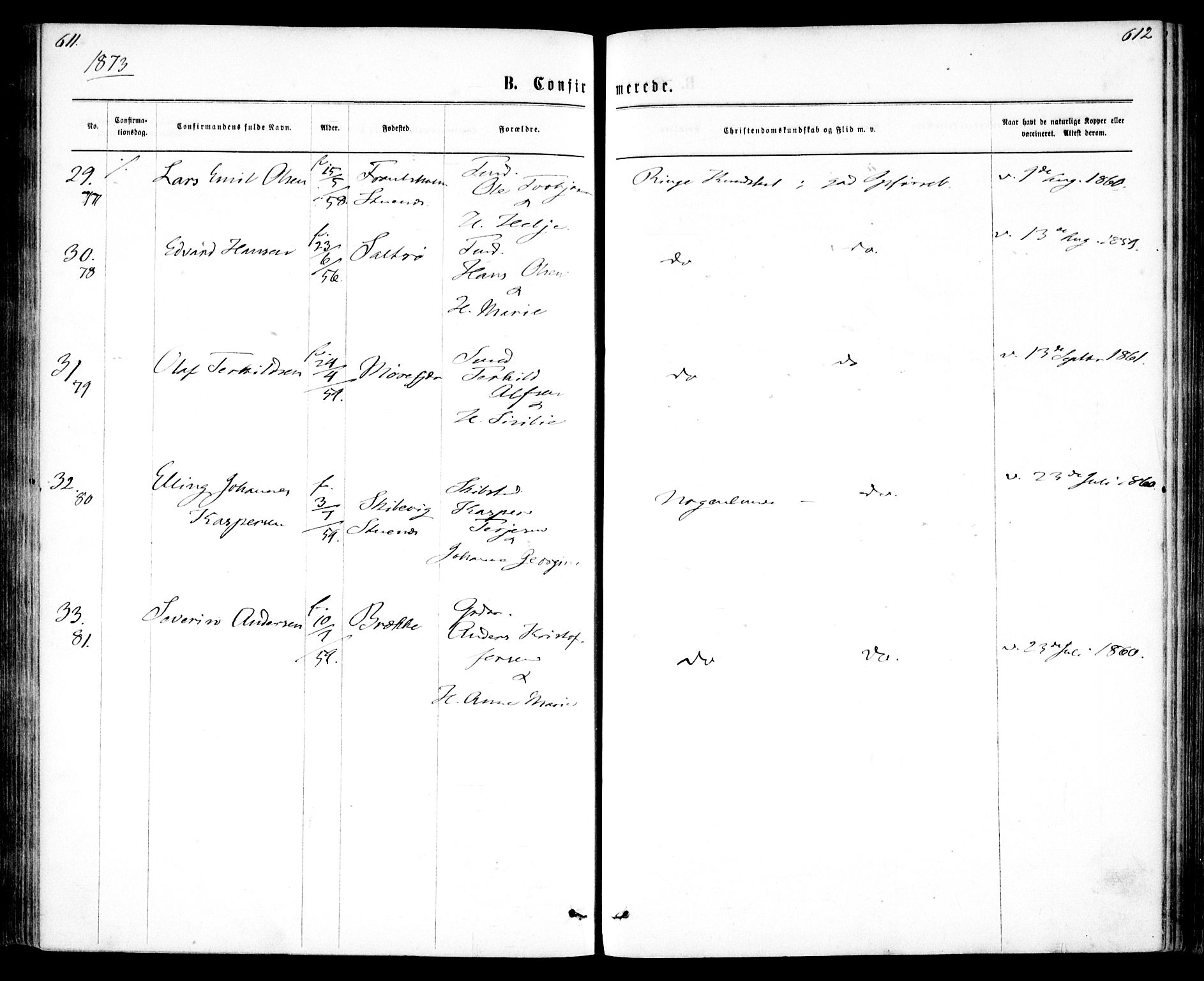 Tromøy sokneprestkontor, AV/SAK-1111-0041/F/Fa/L0008: Parish register (official) no. A 8, 1870-1877, p. 611-612