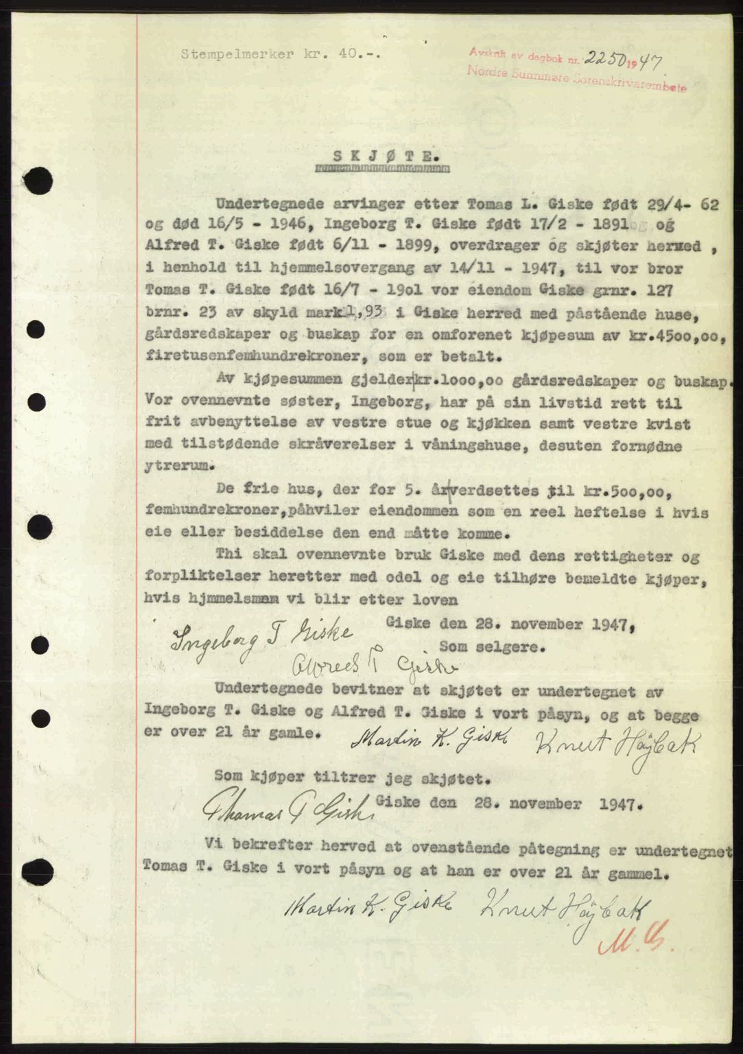 Nordre Sunnmøre sorenskriveri, AV/SAT-A-0006/1/2/2C/2Ca: Mortgage book no. A26, 1947-1948, Diary no: : 2250/1947